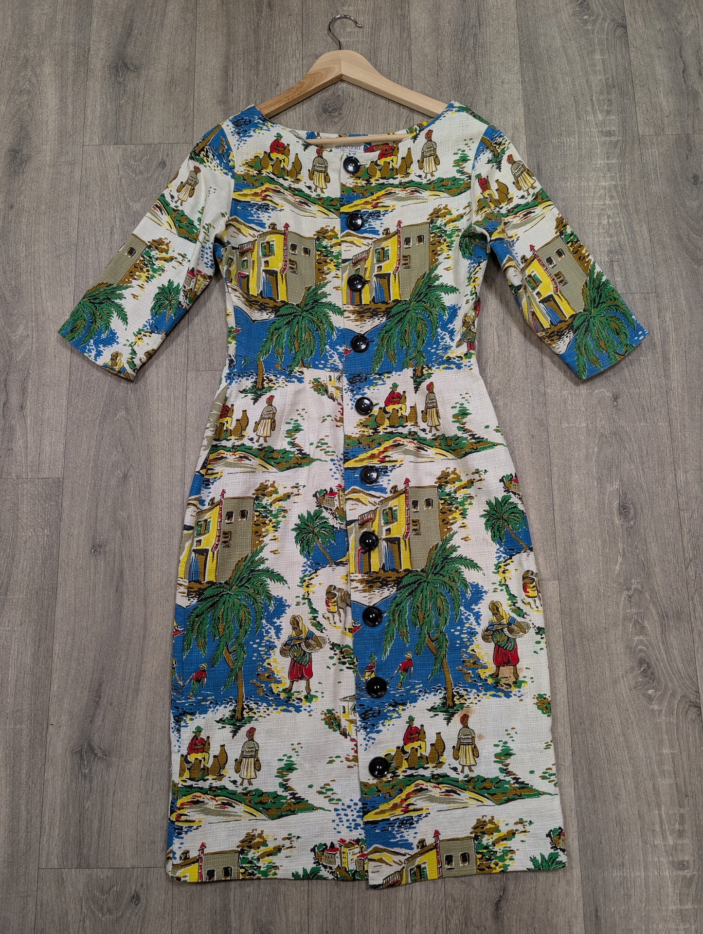 50s/60s Selincourt novelty print barkcloth dress - S/10