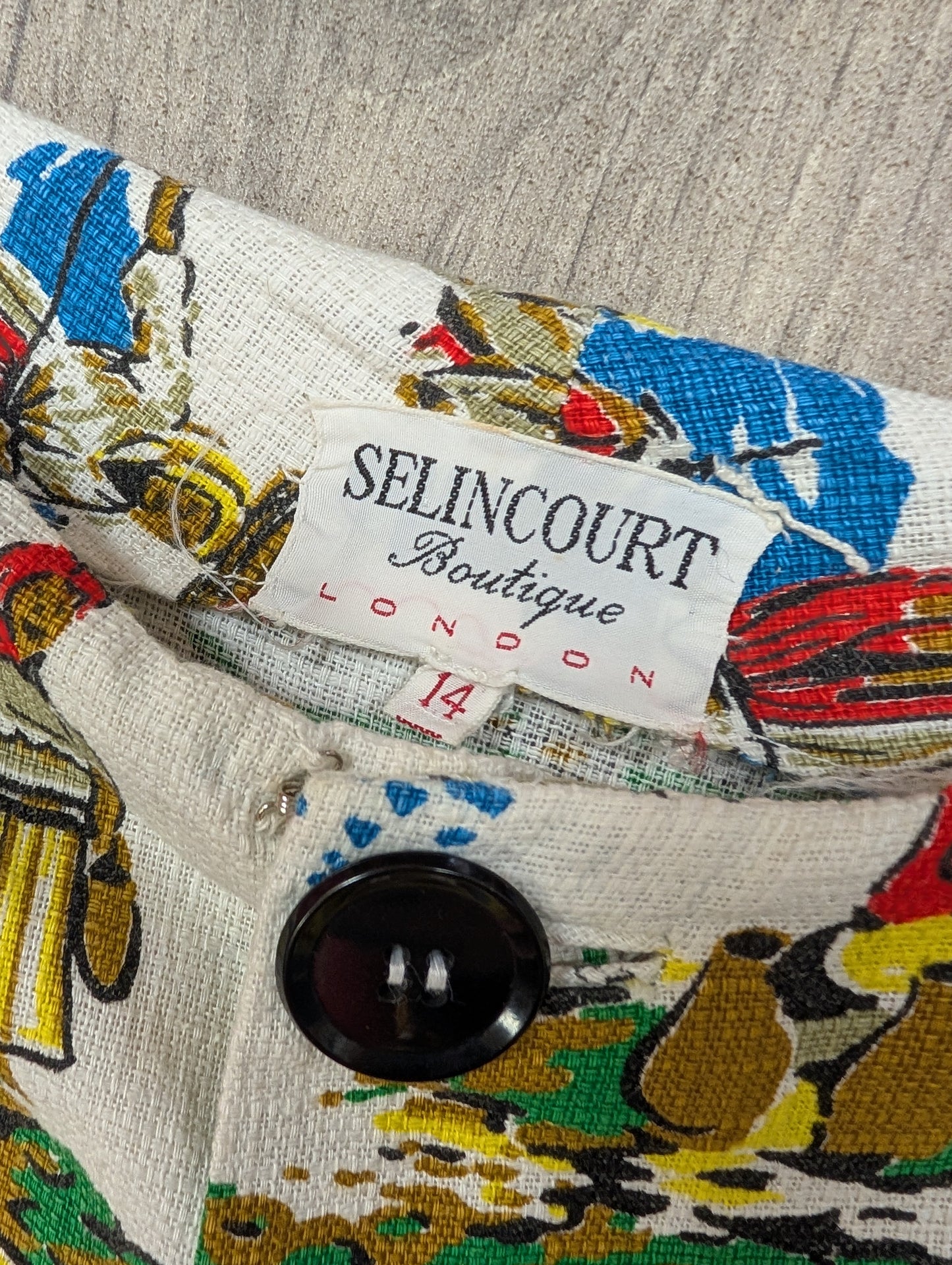 50s/60s Selincourt novelty print barkcloth dress - S/10