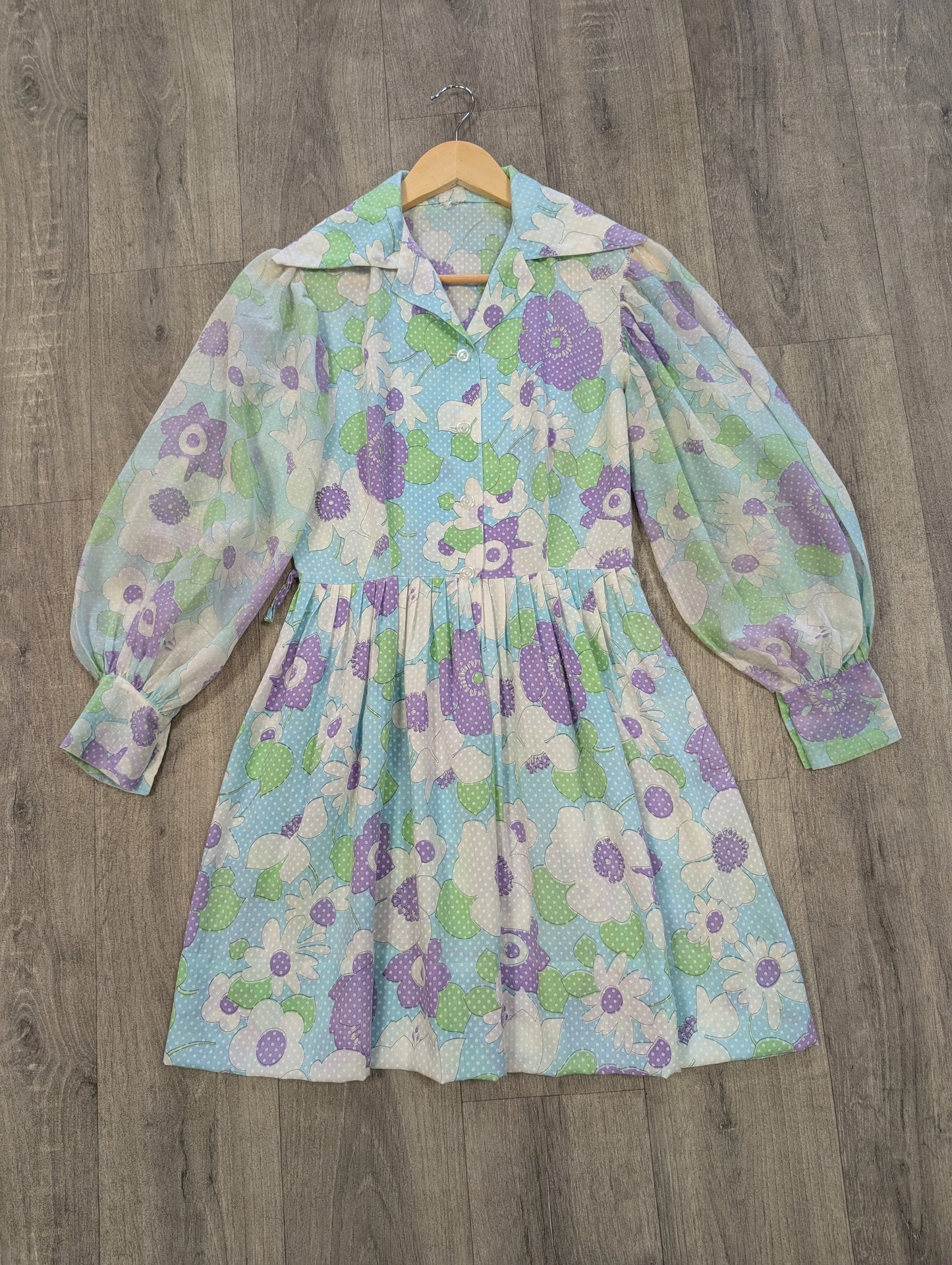 1970s floral balloon sleeve mini dress - S/8