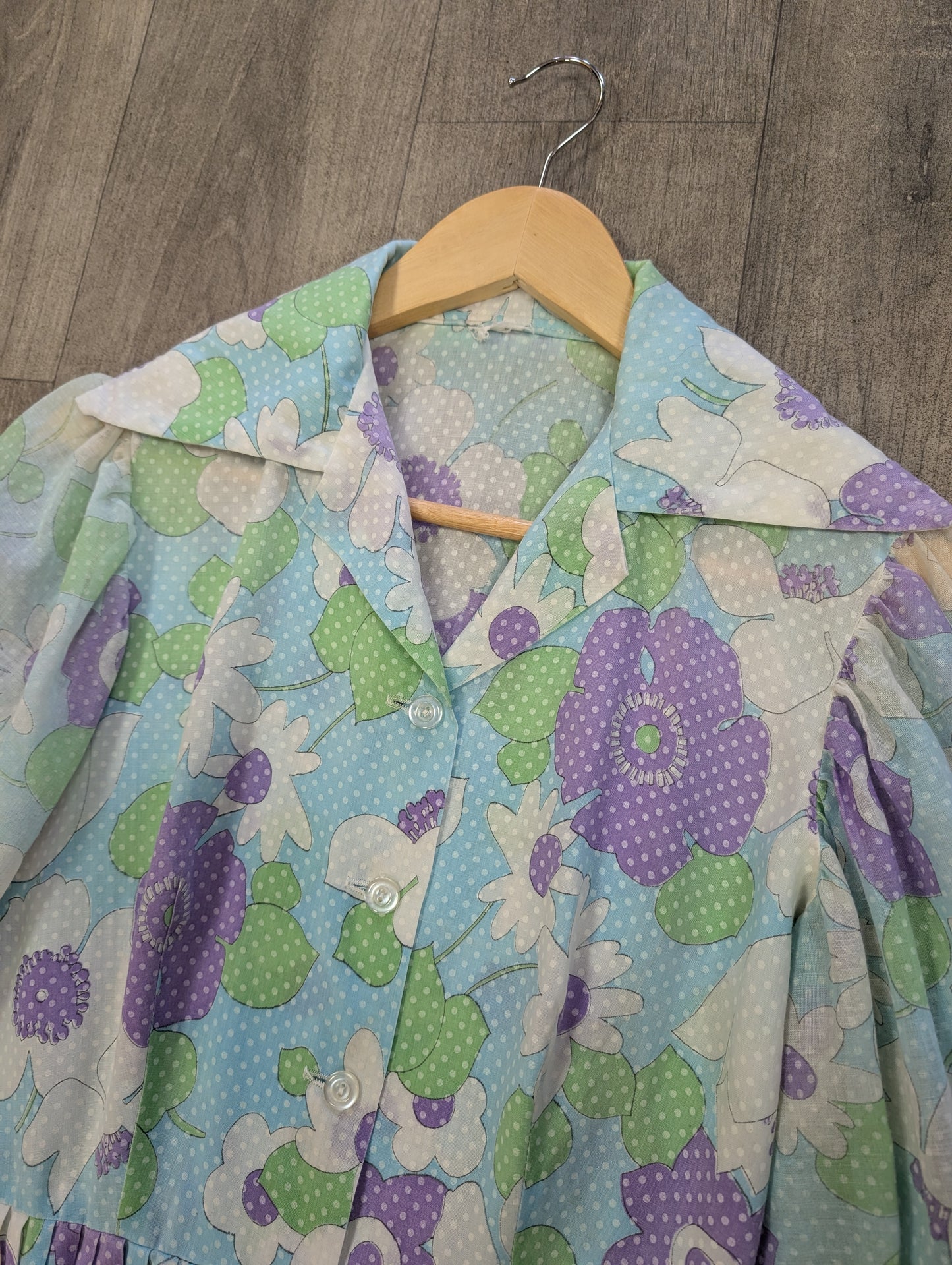 1970s floral balloon sleeve mini dress - S/8
