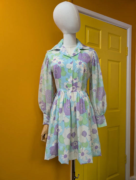 1970s floral balloon sleeve mini dress - S/8