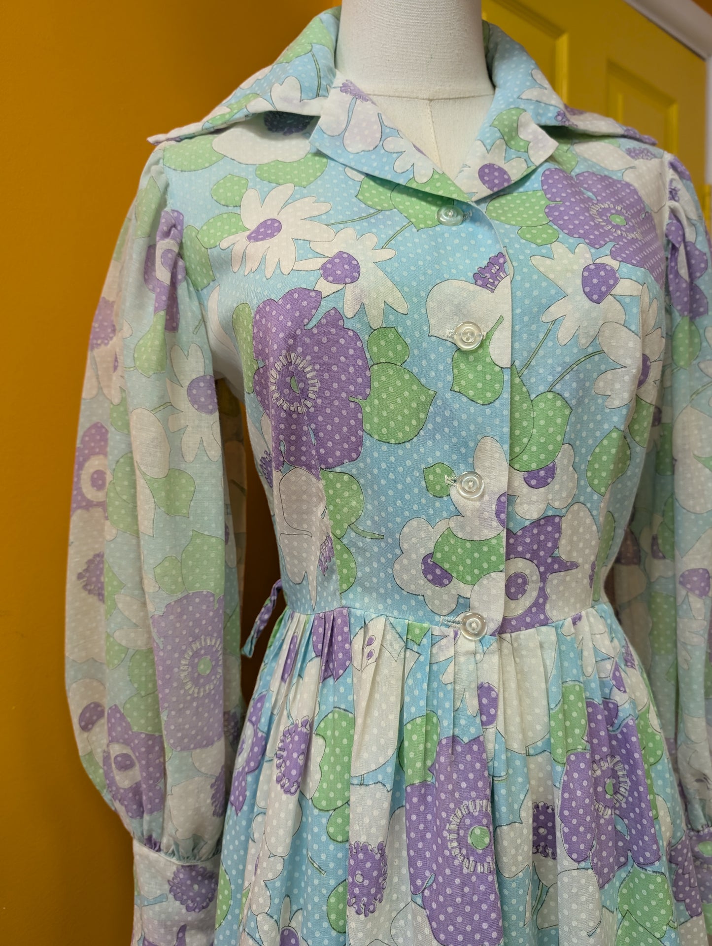 1970s floral balloon sleeve mini dress - S/8
