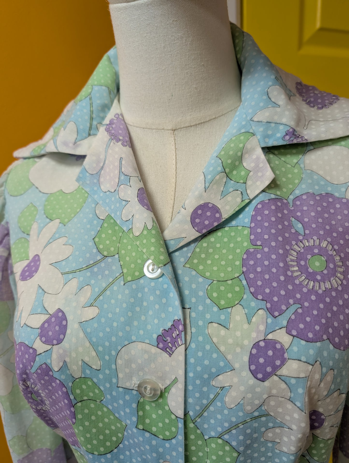 1970s floral balloon sleeve mini dress - S/8
