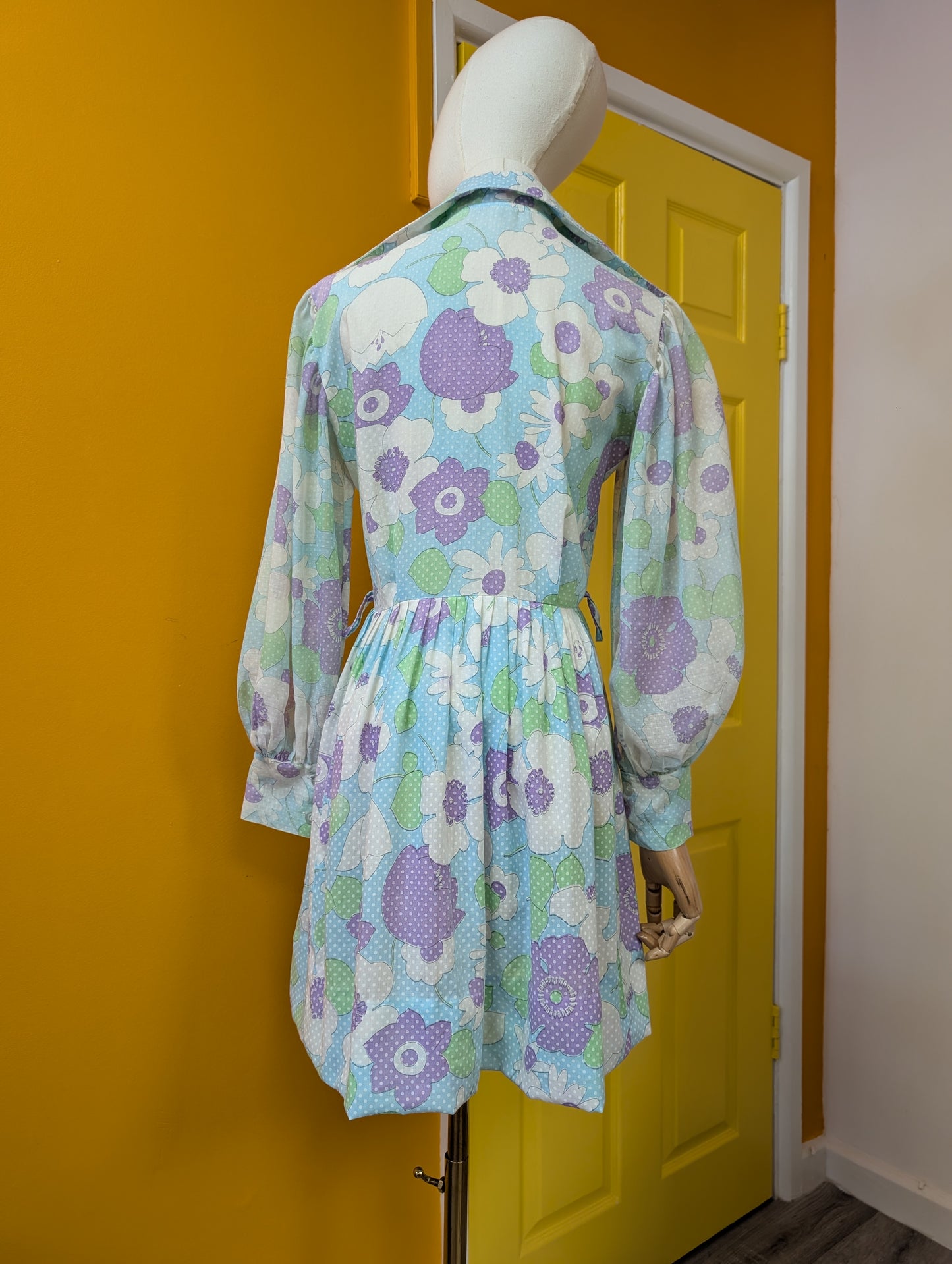 1970s floral balloon sleeve mini dress - S/8