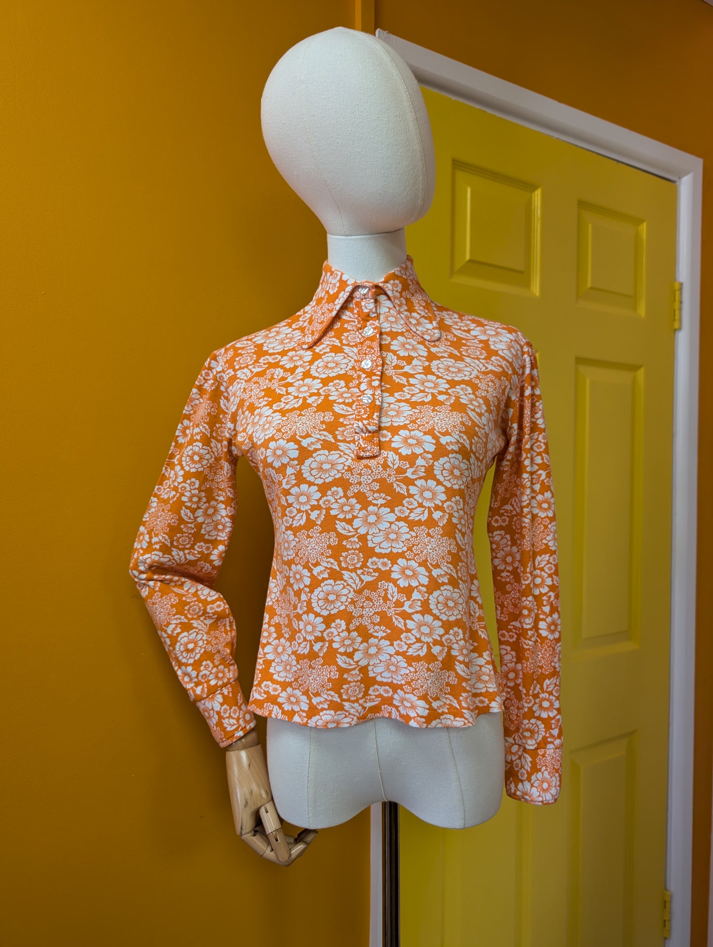 1970s orange floral cotton shirt - XS/S