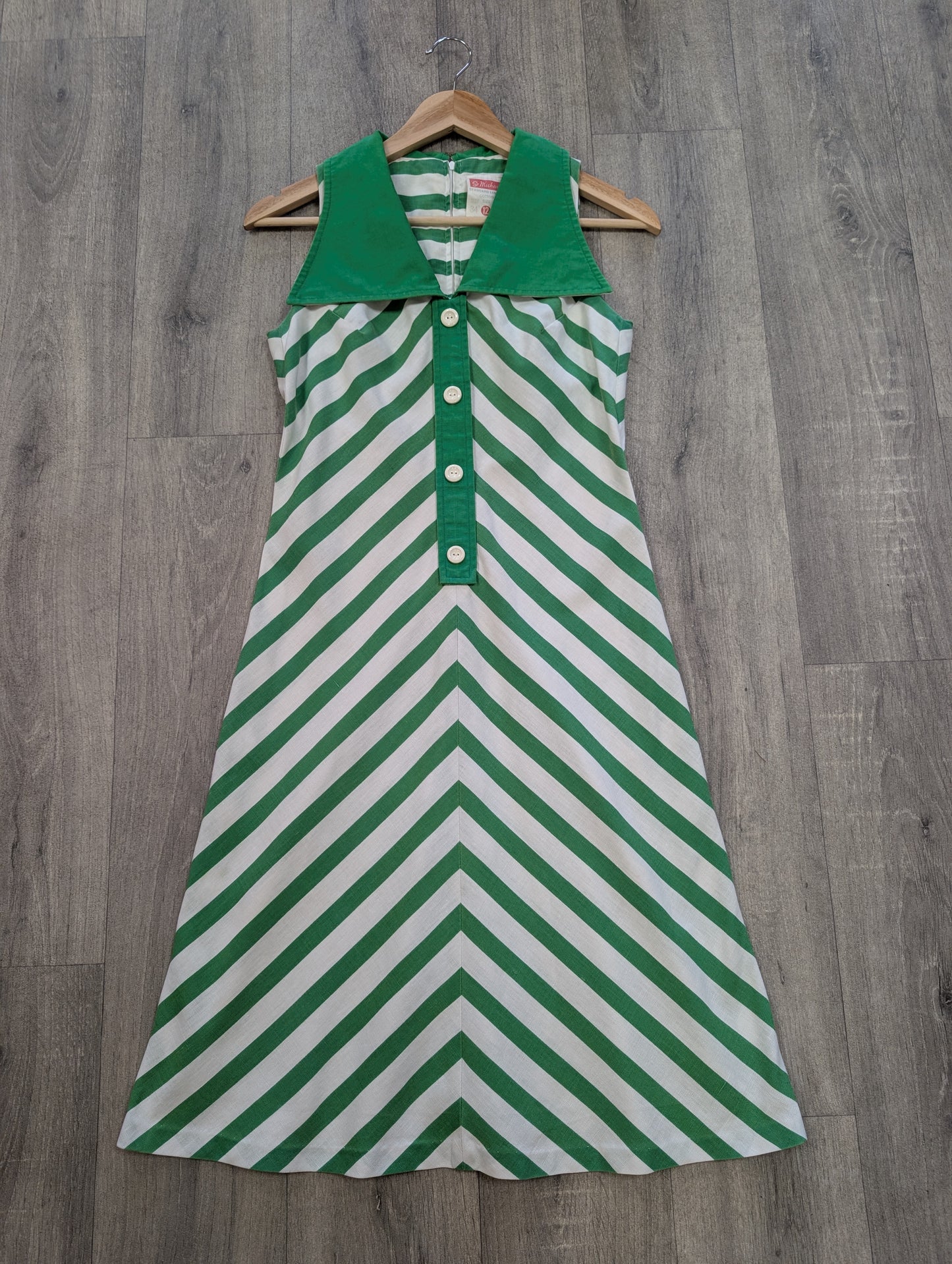 1970s St Michael green & white striped cotton dress - S/8