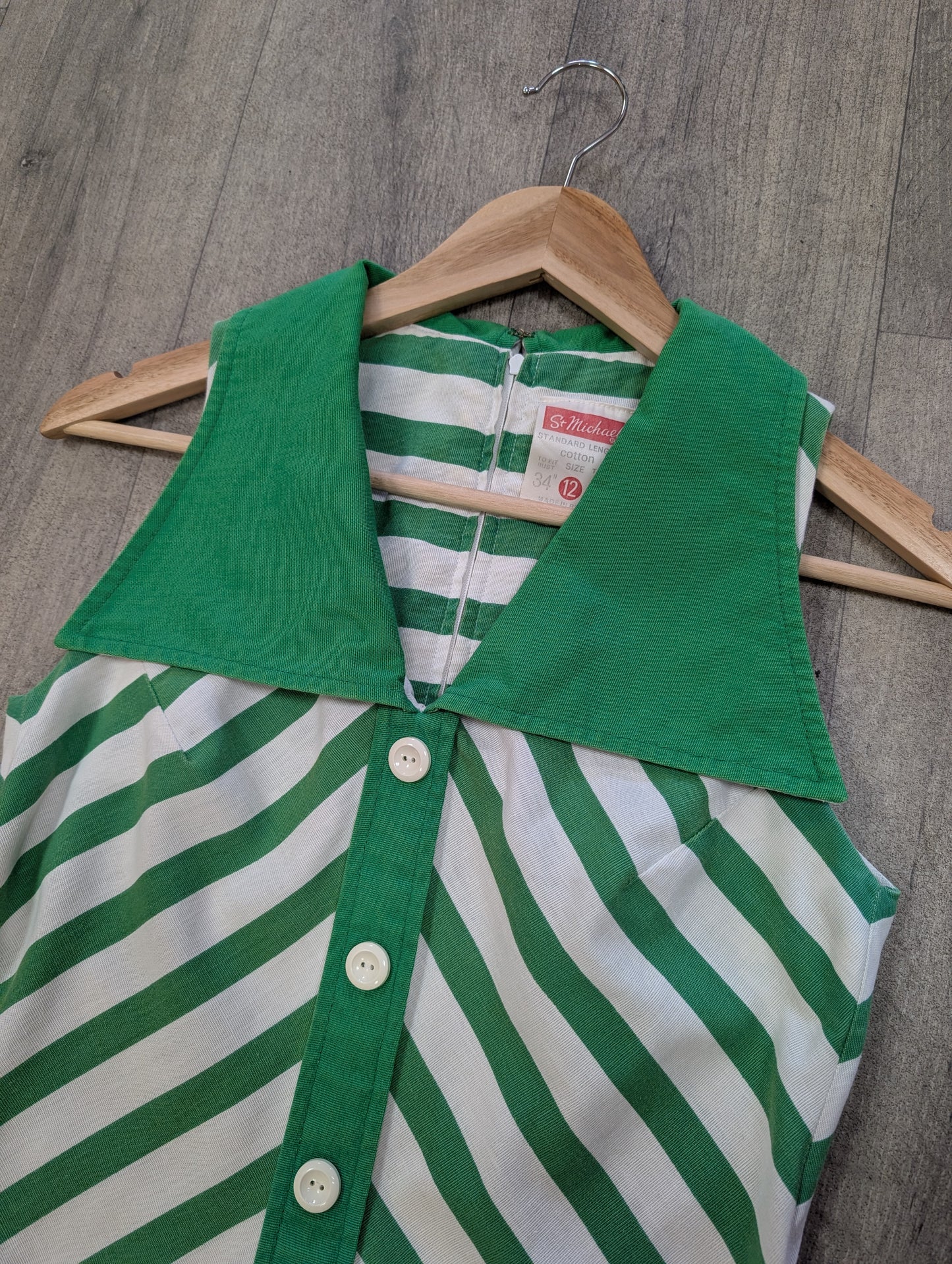 1970s St Michael green & white striped cotton dress - S/8