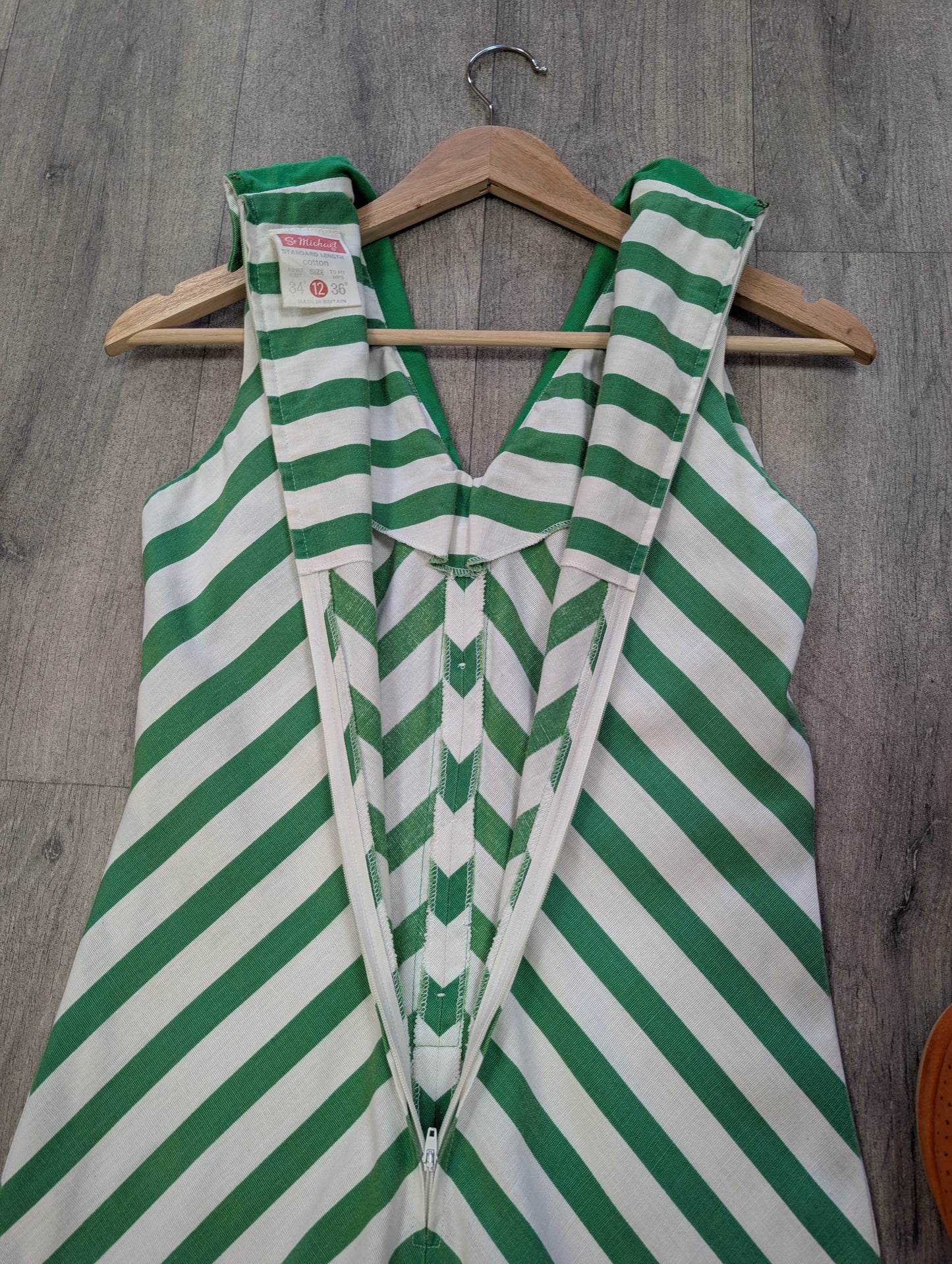 1970s St Michael green & white striped cotton dress - S/8