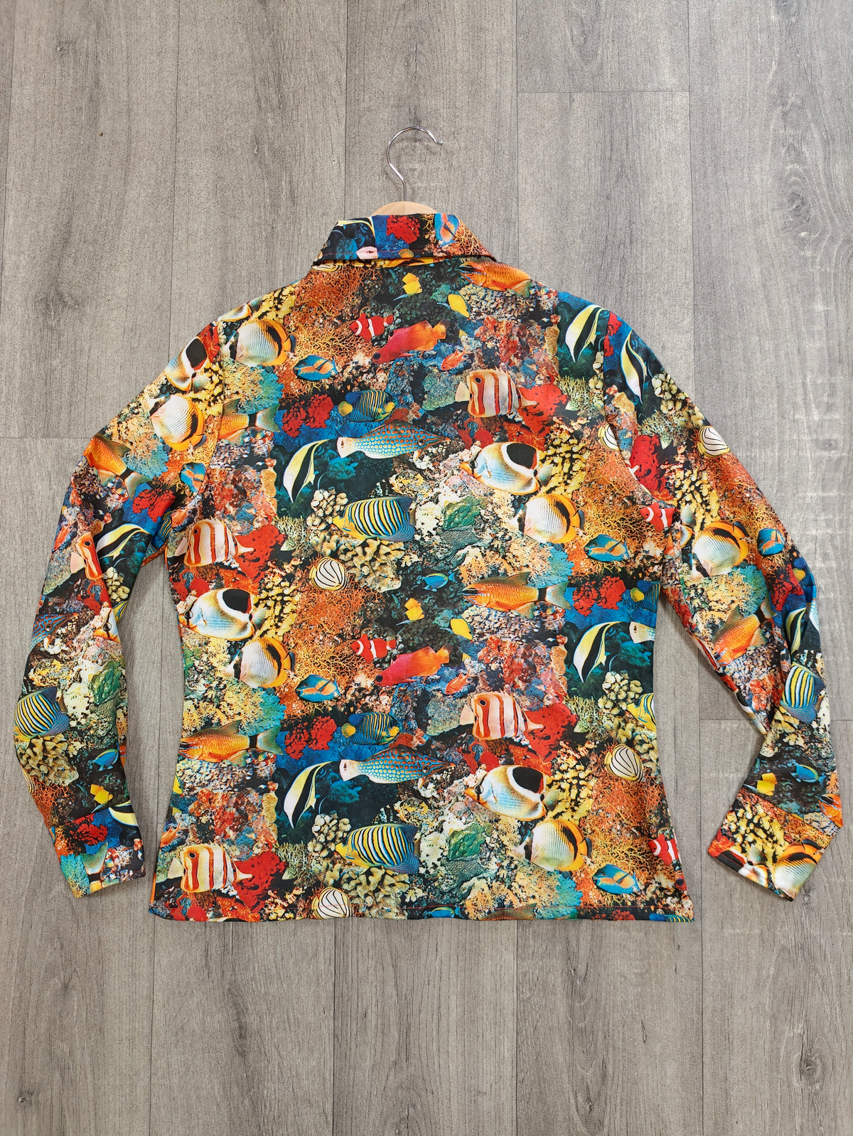 1970s novelty fish print dagger collar shirt - M