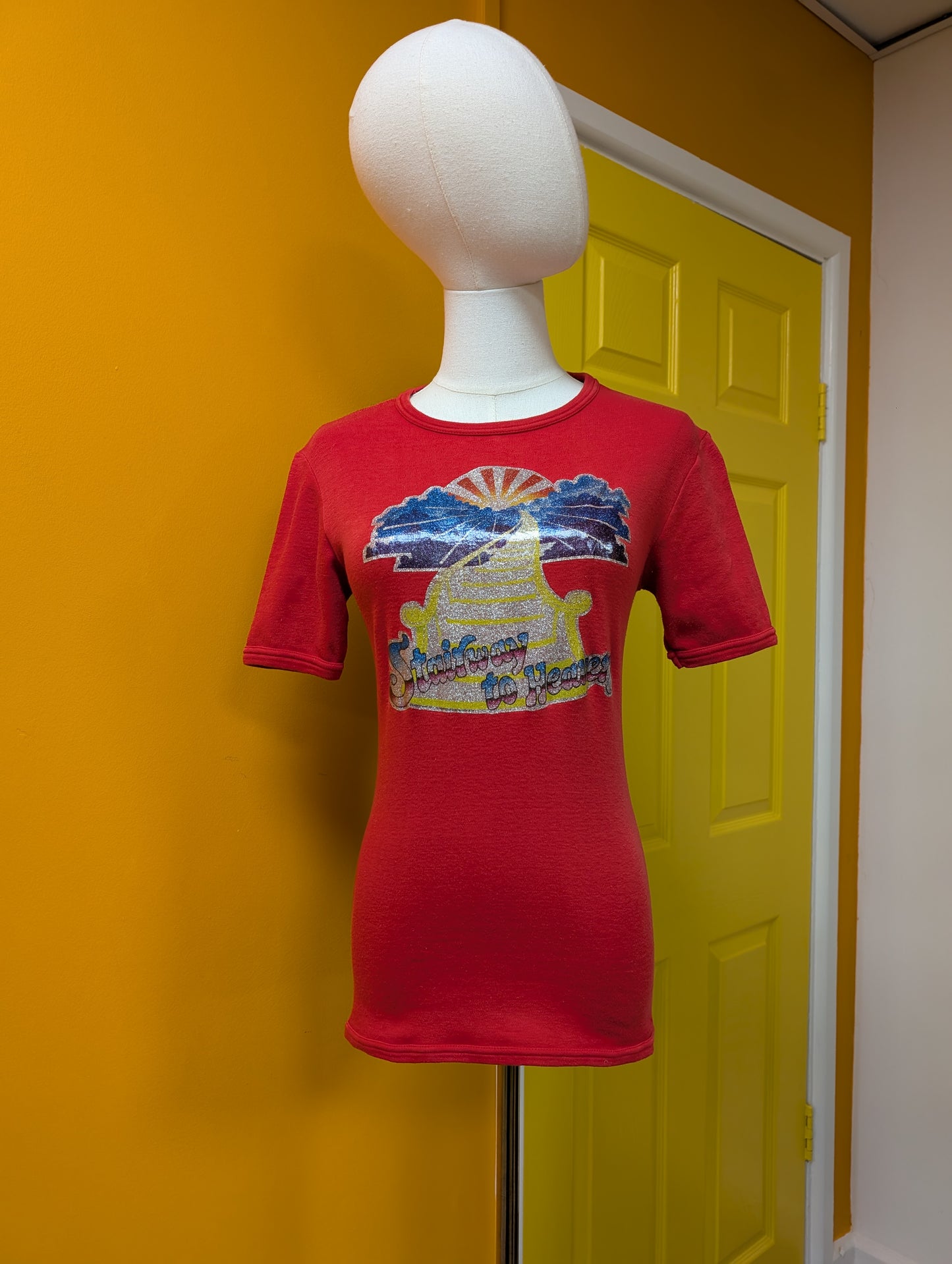 1970s red t-shirt with Led Zeppelin Stairway to Heaven glitter transfer