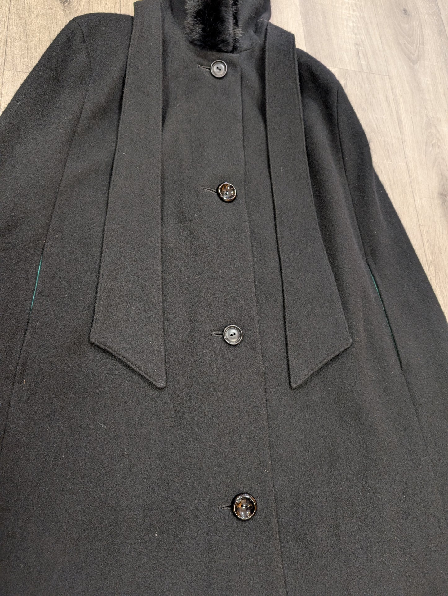 1960s Raymond of London black wool cape with fur trim
