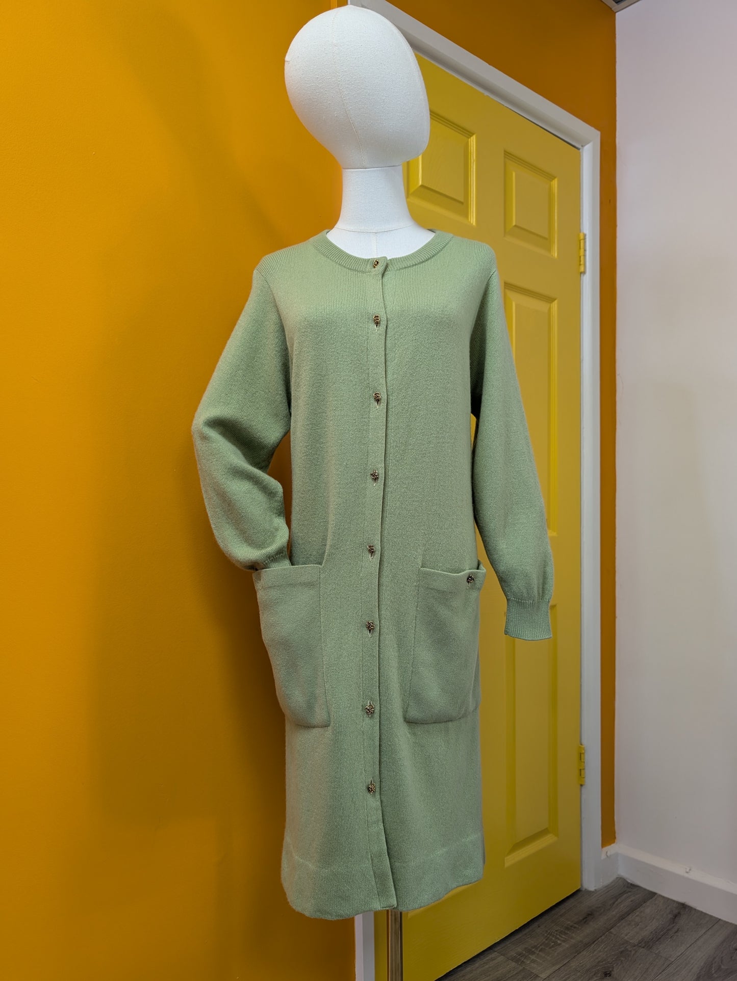 Gorgeous 1960s Bonnie Cashin Ballantyne cashmere long green cardigan