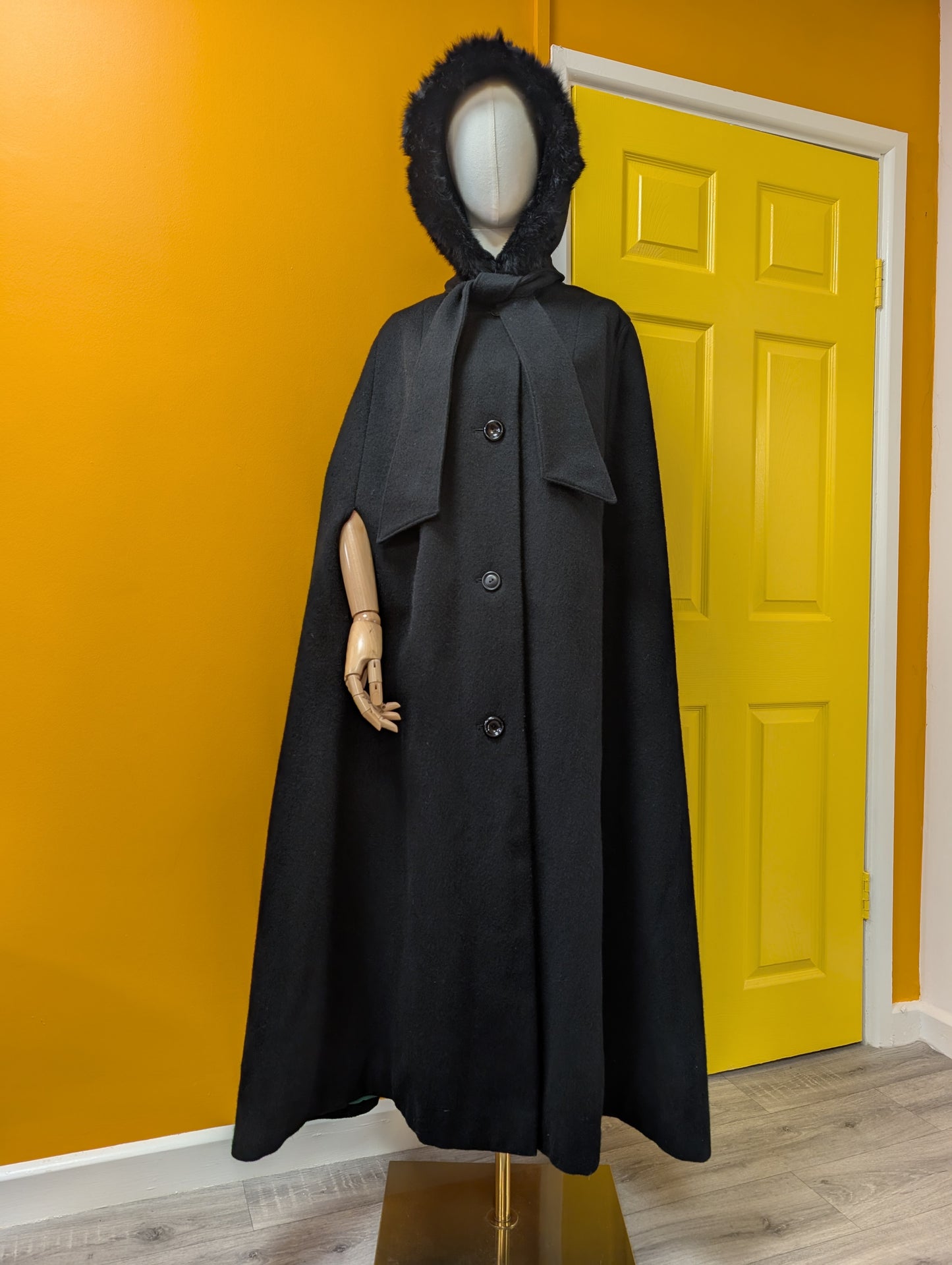 1960s Raymond of London black wool cape with fur trim