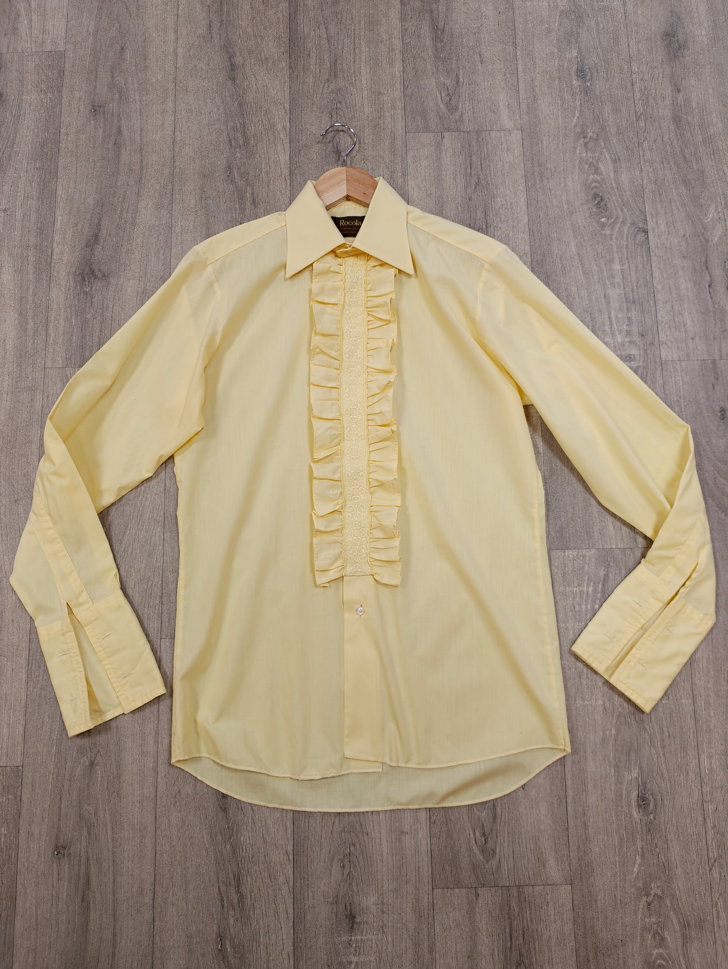 1970s Rocola yellow ruffle front double cuff shirt
