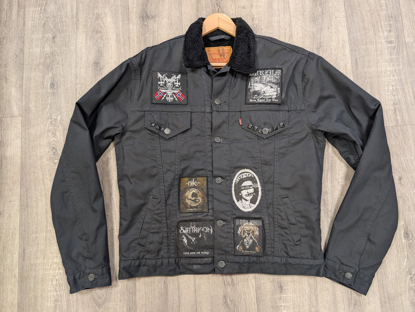 Customised Levi's jacket with band patches