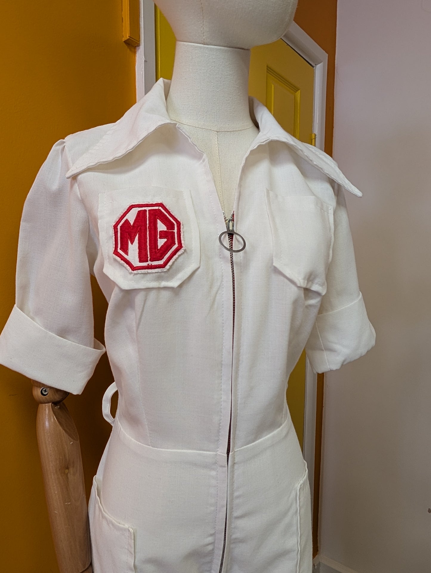 1970s white jumpsuit with MG patch - S/M/10/12