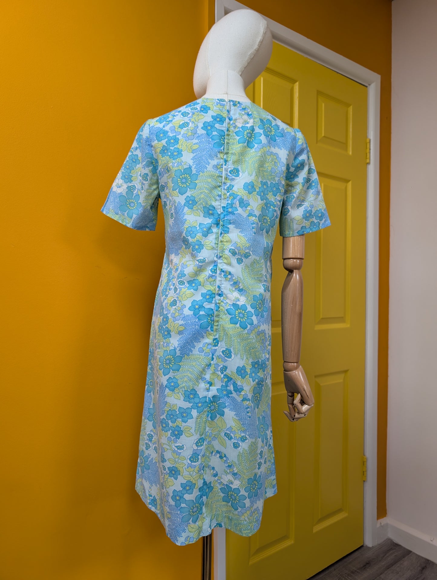 60s/70s green & blue floral dress - S/8/10
