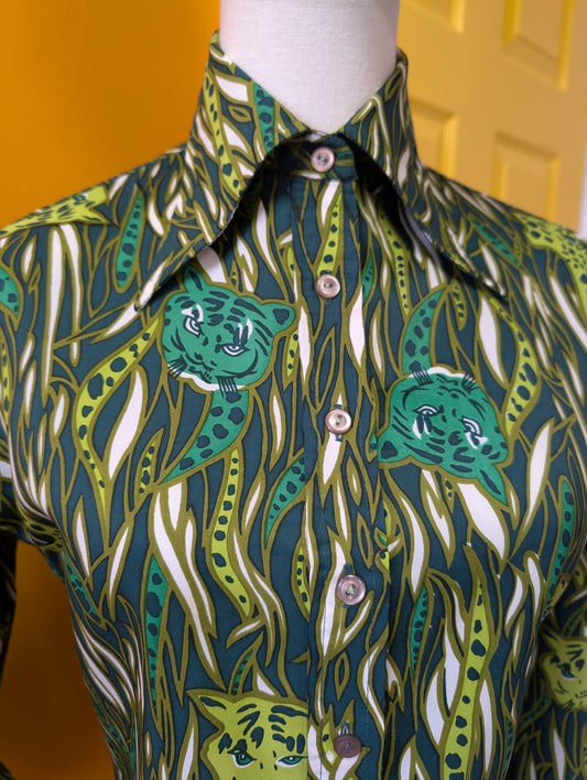 1970s green novelty print tiger shirt - S/M