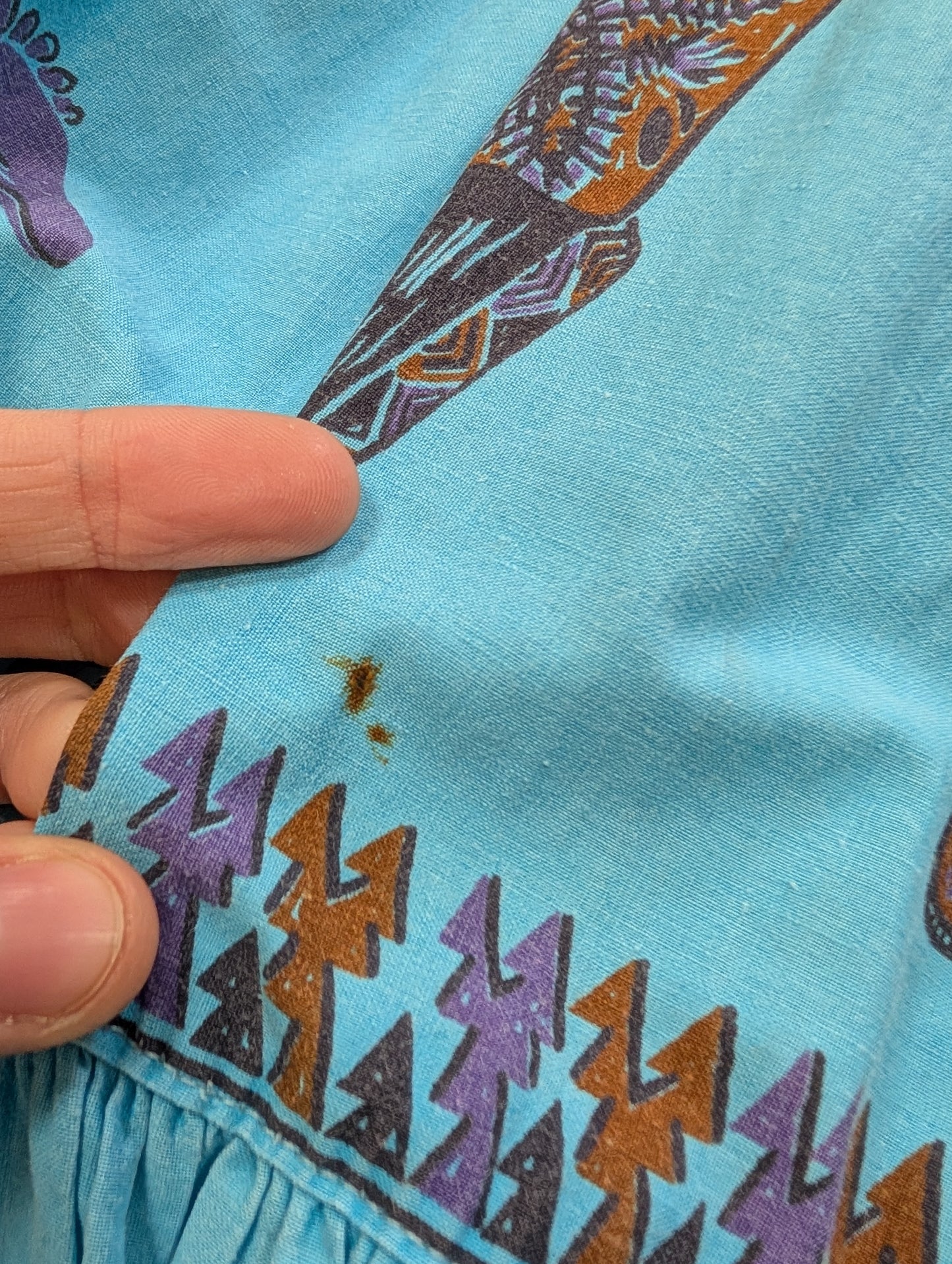 1950s blue cotton tiered novelty tribal print skirt - 23"/24" waist