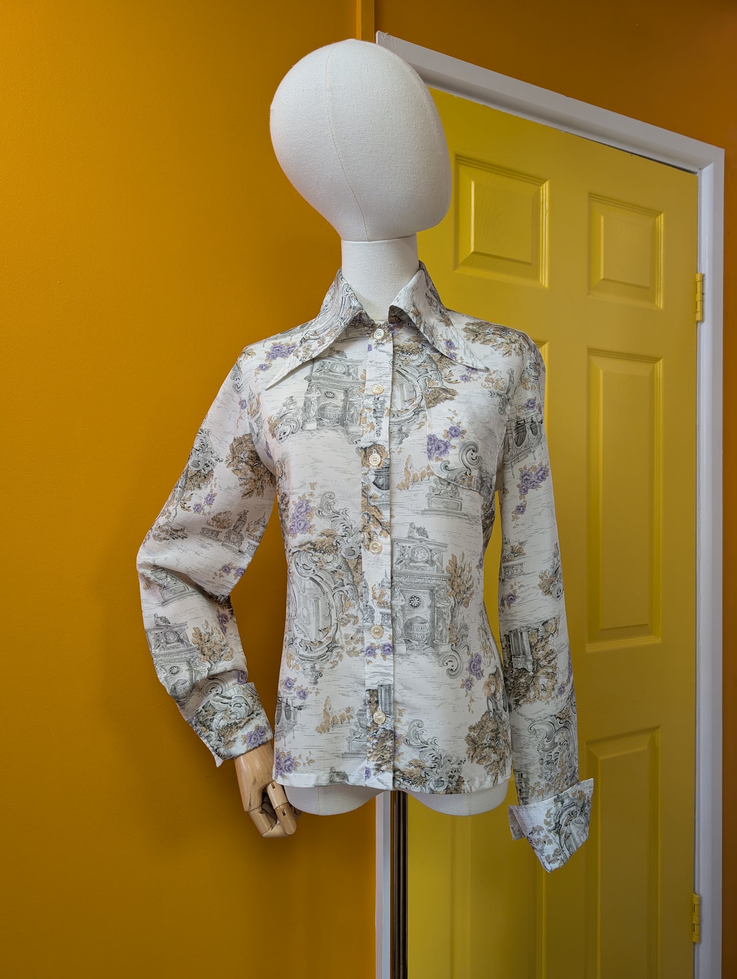 1970s novelty print dagger collar shirt - M