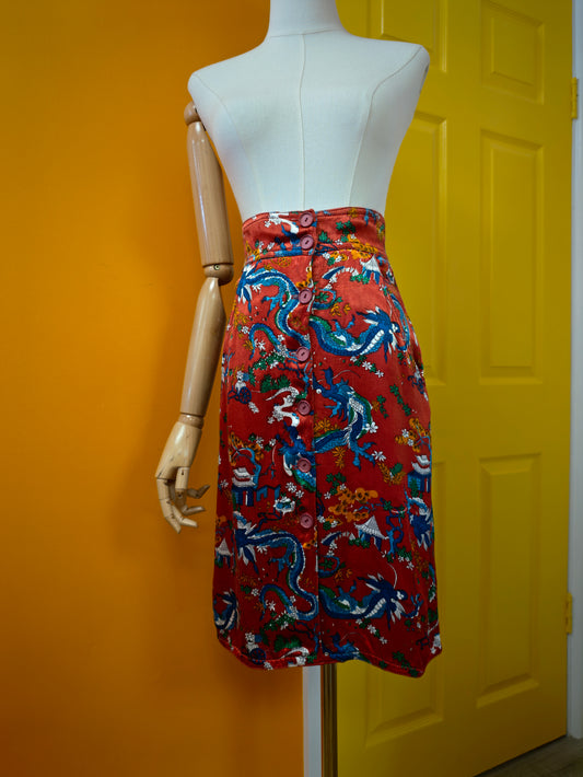 60s/70s Radley Chinese dragon print skirt - 24" waist