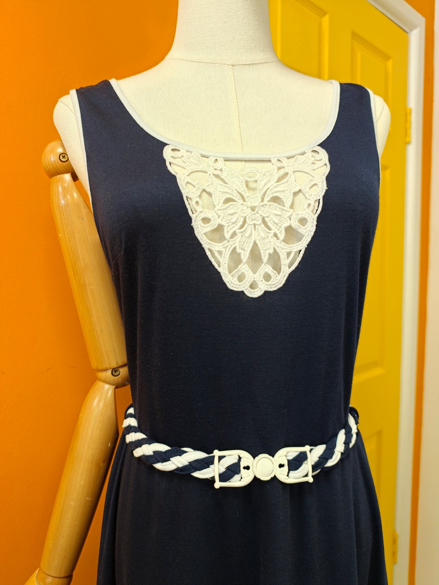 70s/80s Oyster navy & white dress - 10/12