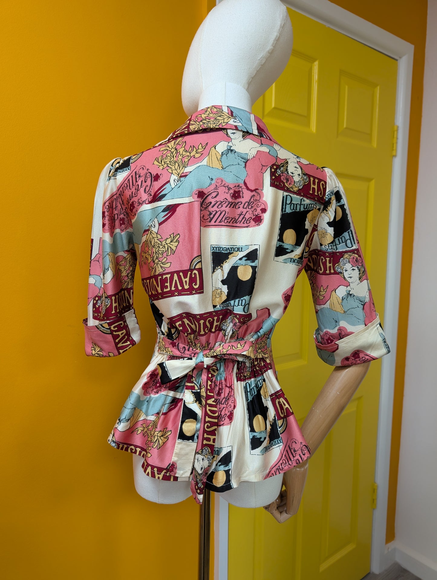 1970s Dorothy Perkins novelty Art Nouveau print tie waist top - XS/S