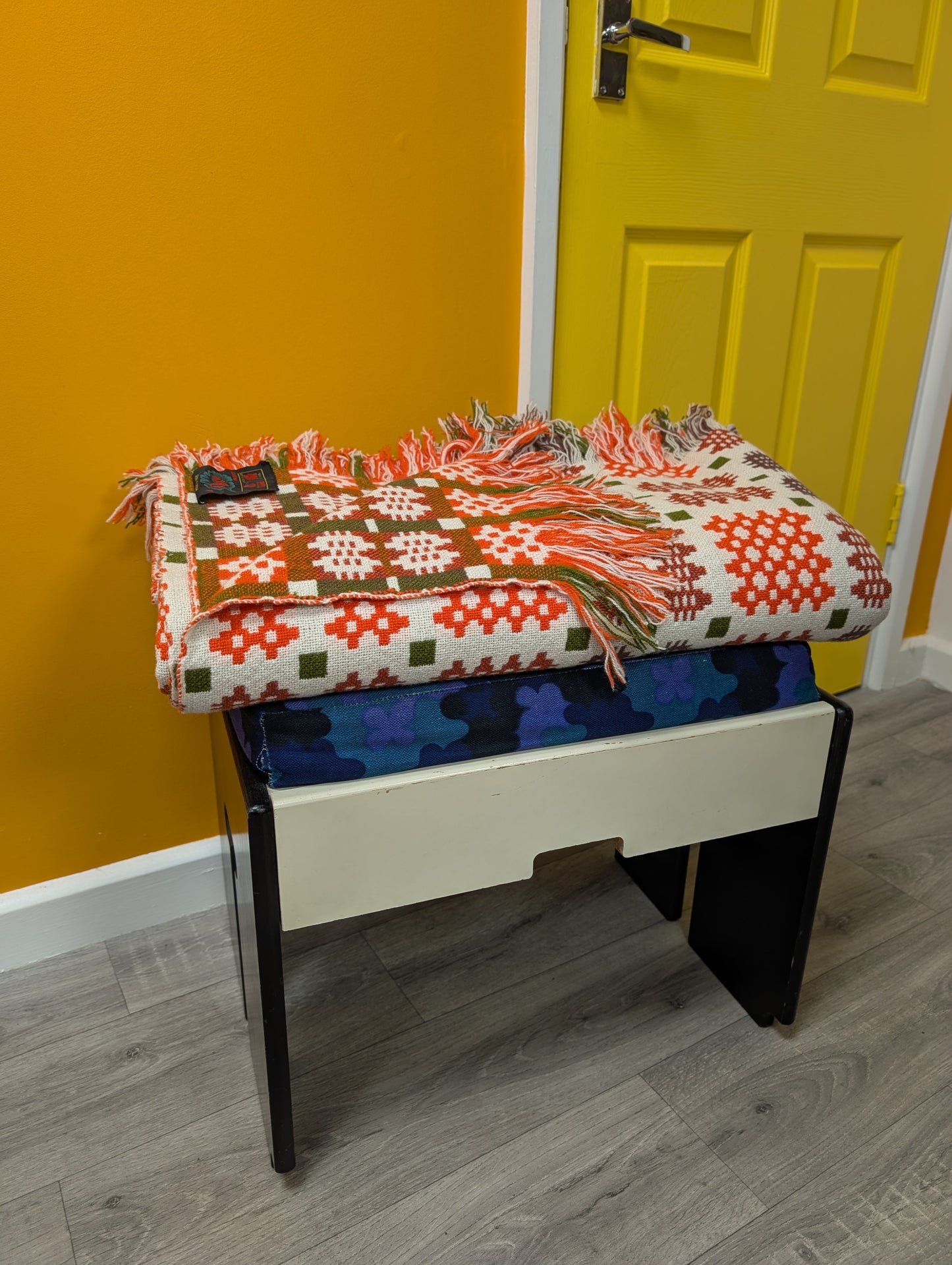 Gorgeous Derw Welsh tapestry wool fringed orange blanket