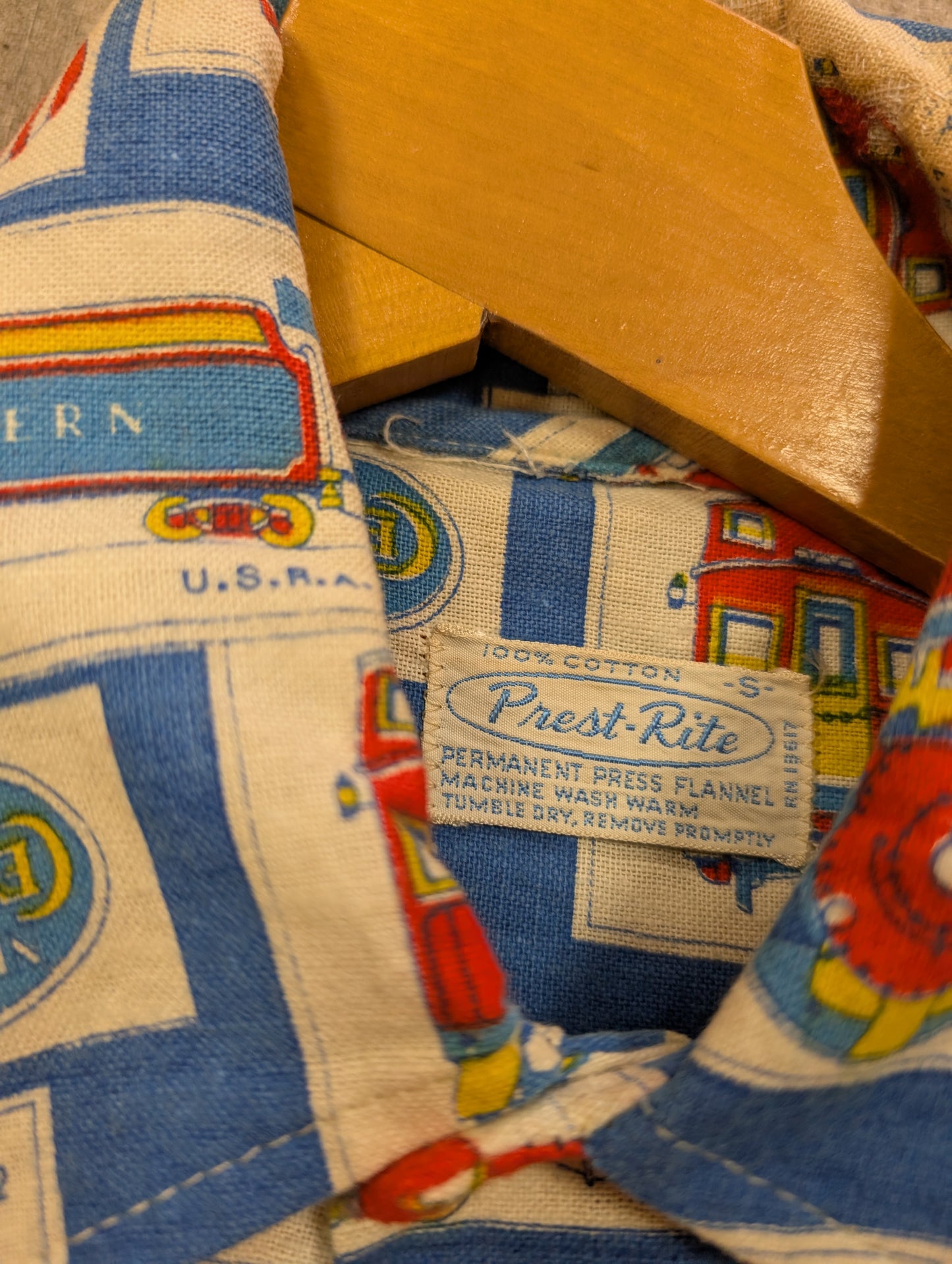 1960s Prest-Rite novelty train print cotton flannel shirt