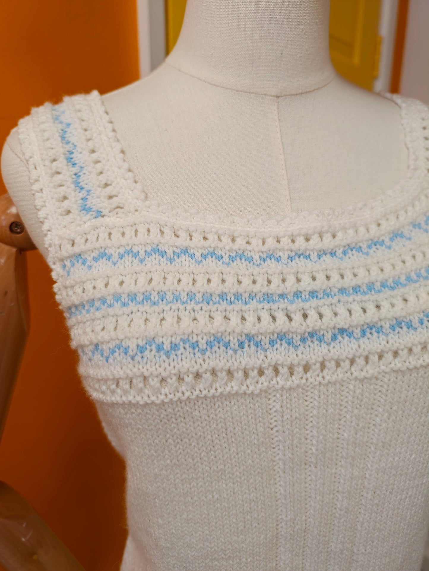 Hand knitted blue & white vest - S