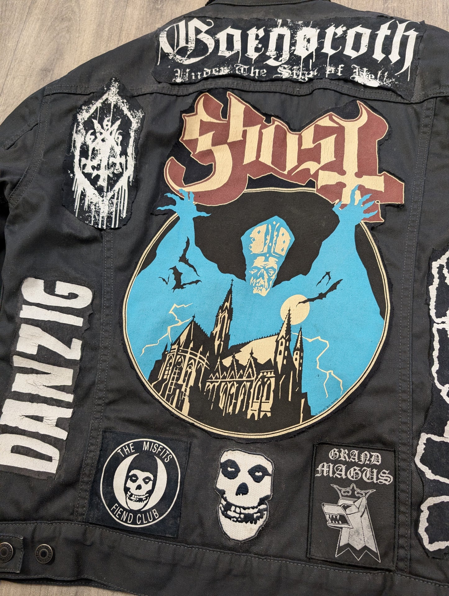 Customised Levi's jacket with band patches