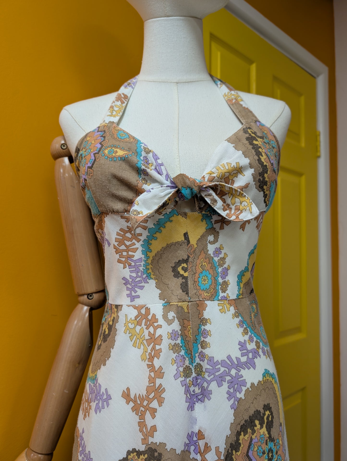 1970s psychedelic halter neck maxi dress - S/8