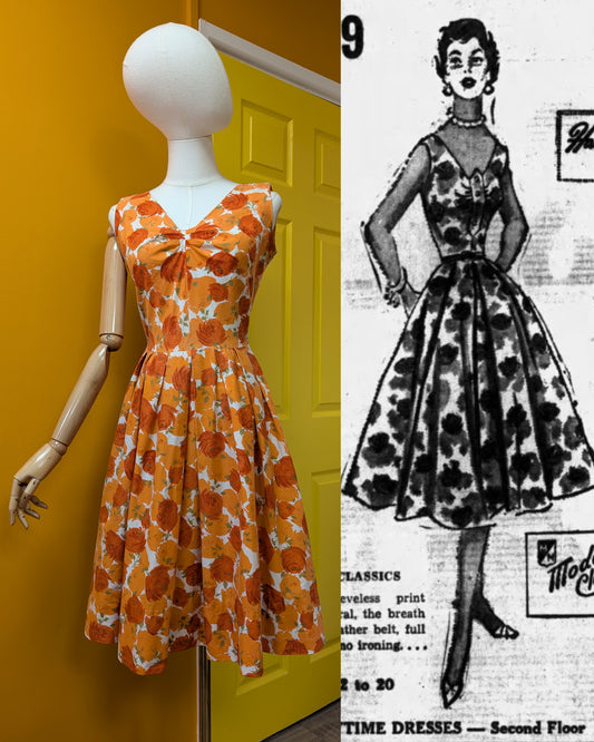 Late 1950s Modern Classics orange floral cotton dress - XS/S/6/8