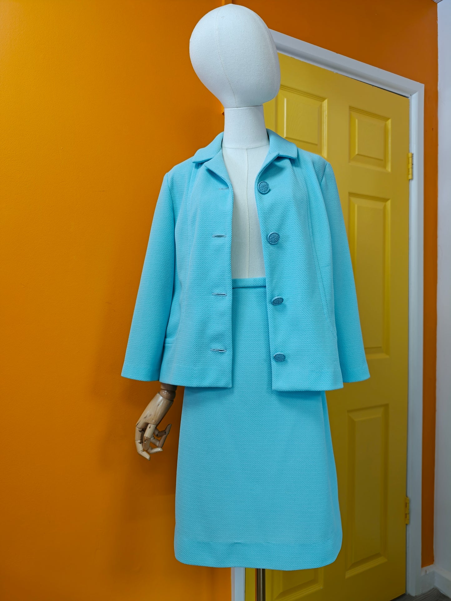 1960s blue crimplene skirt suit - M/14