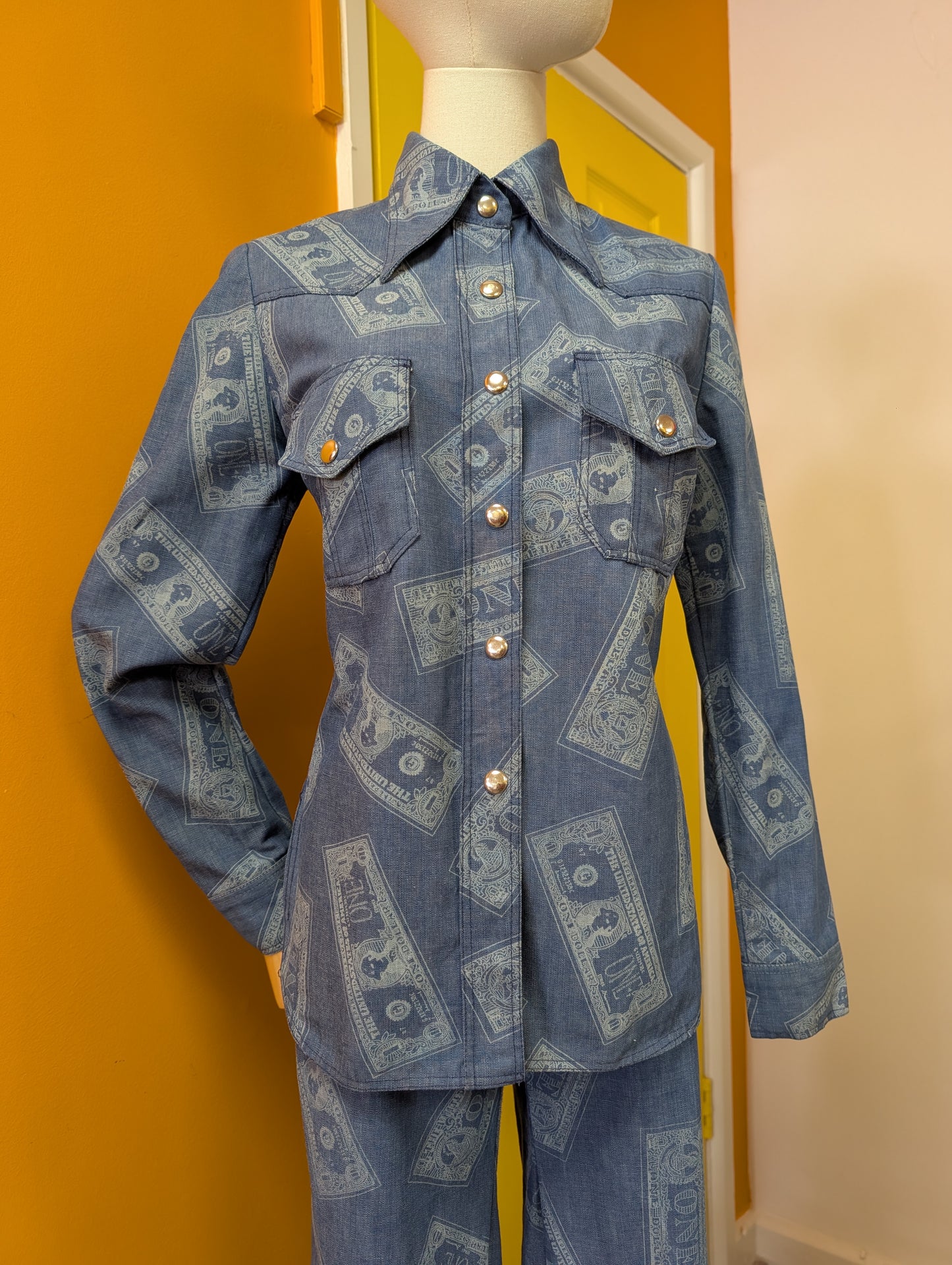 1970s Dereta novelty dollar bill print flares and shirt trouser suit - S