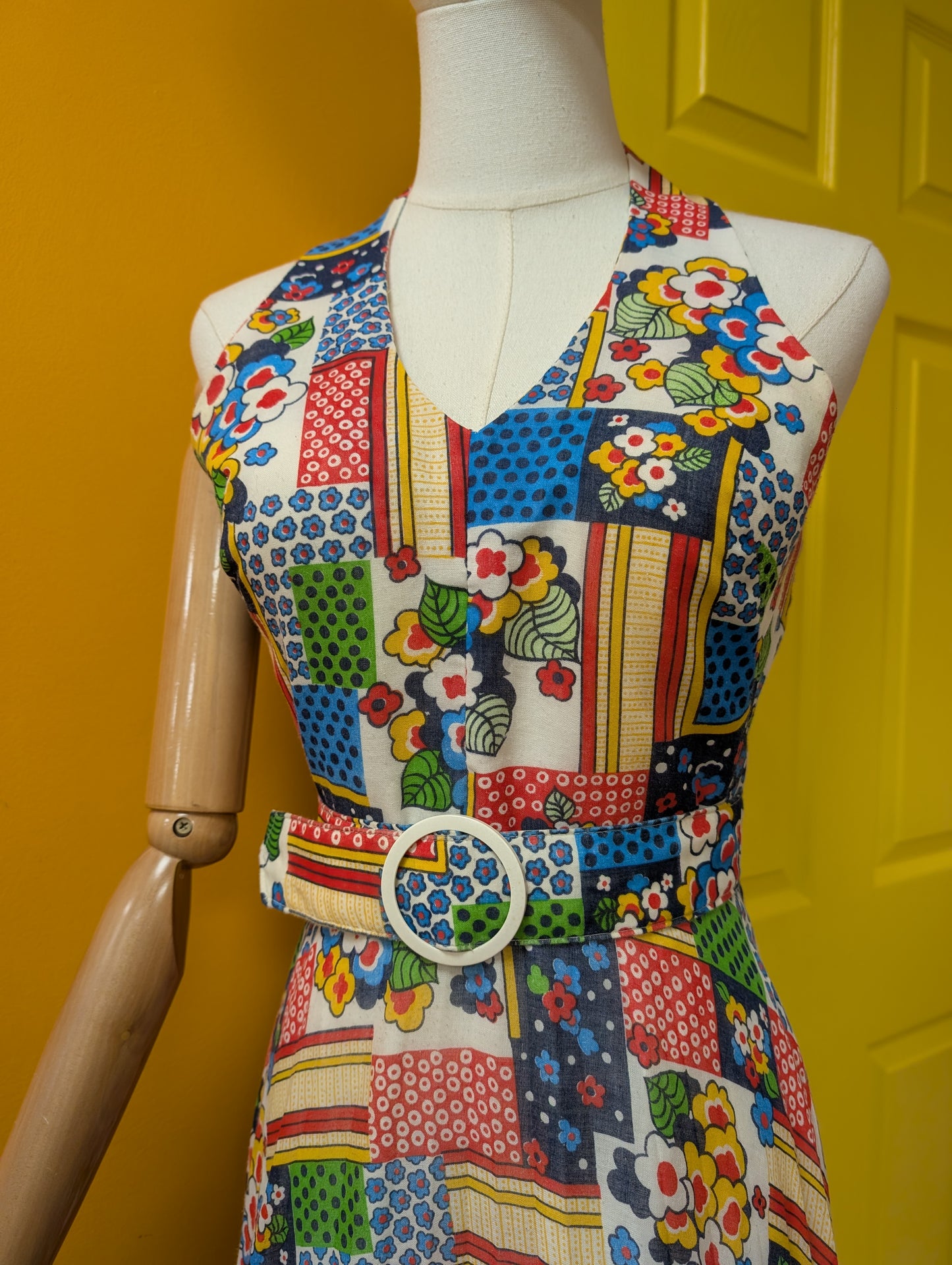 1970s Shubette patchwork print halter neck maxi dress - S/8