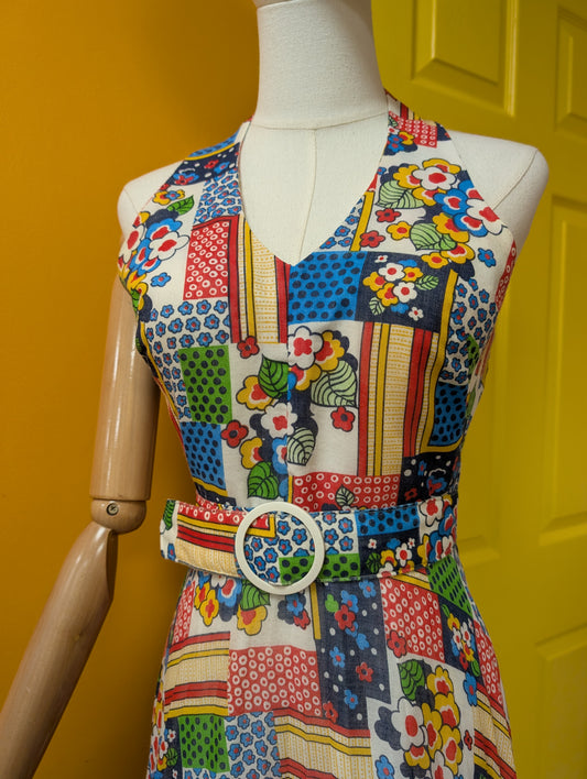 1970s Shubette patchwork print halter neck maxi dress - S/8