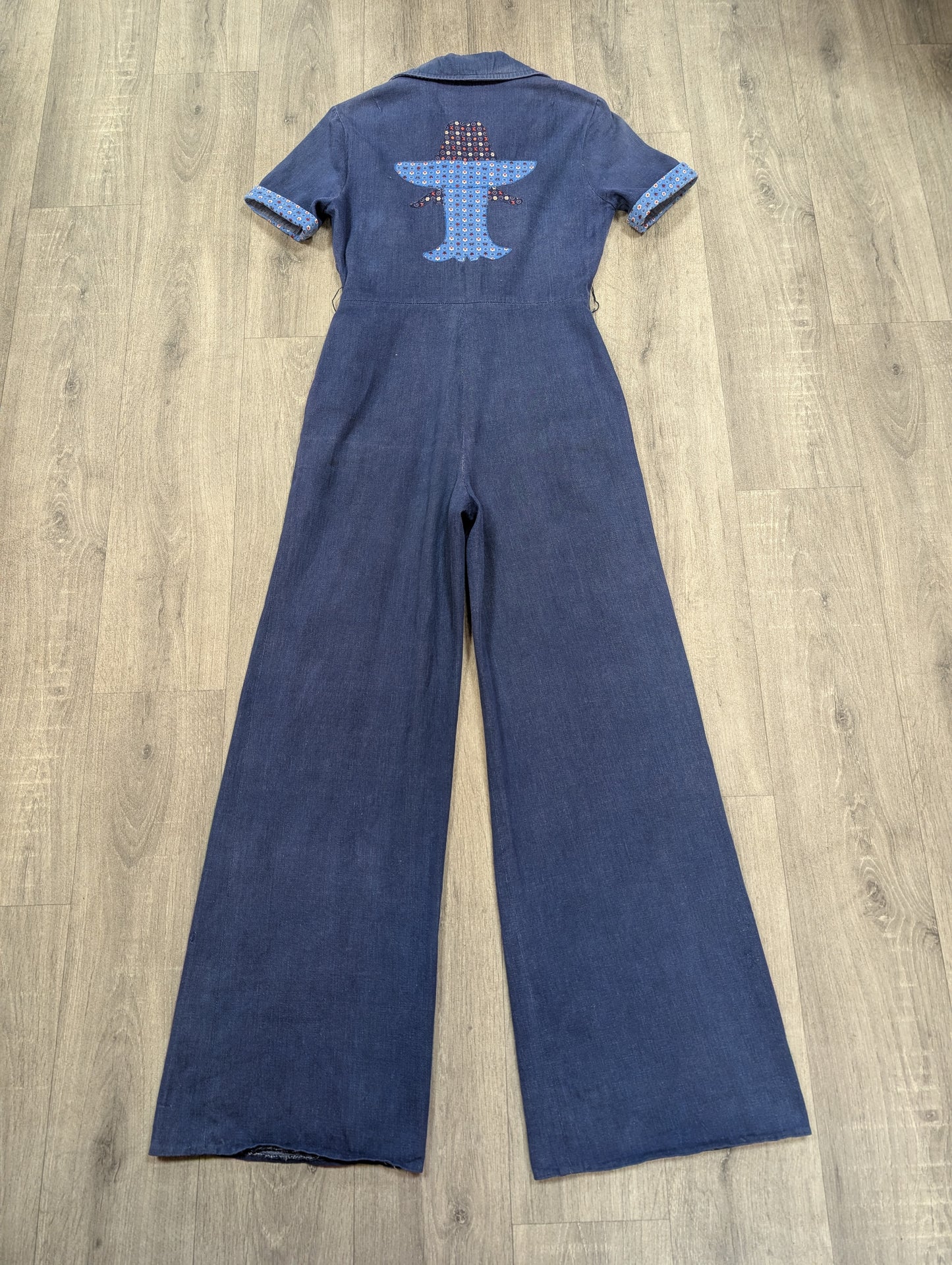 1970s Mexican denim jumpsuit with applique - S/M/10/12