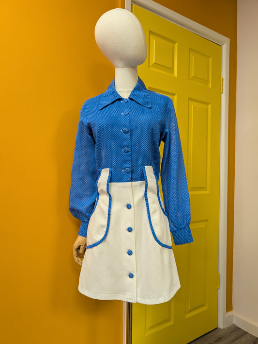 60s/70s blue & white dress - M/12