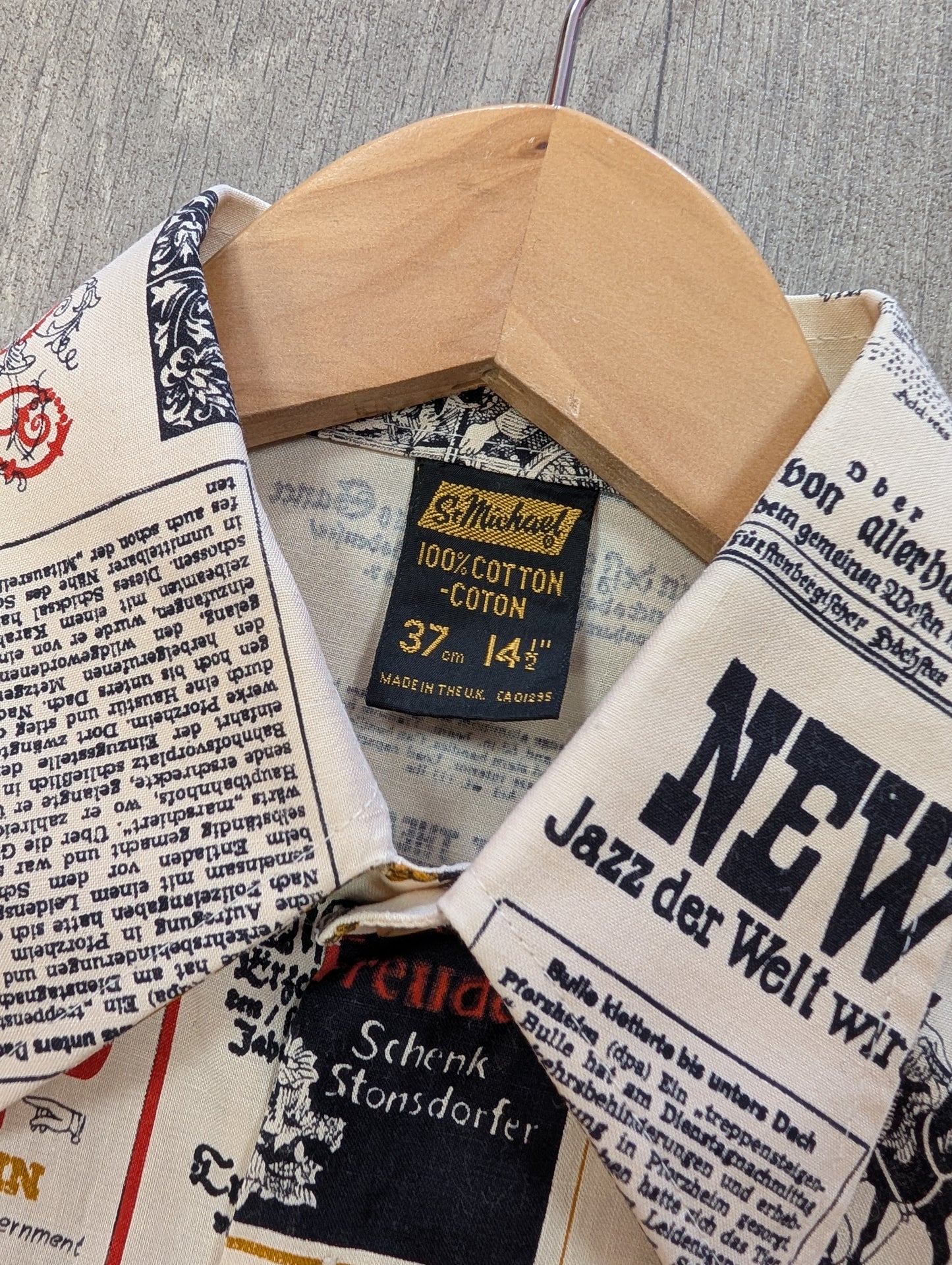 1970s St Michael novelty newspaper print dagger collar shirt