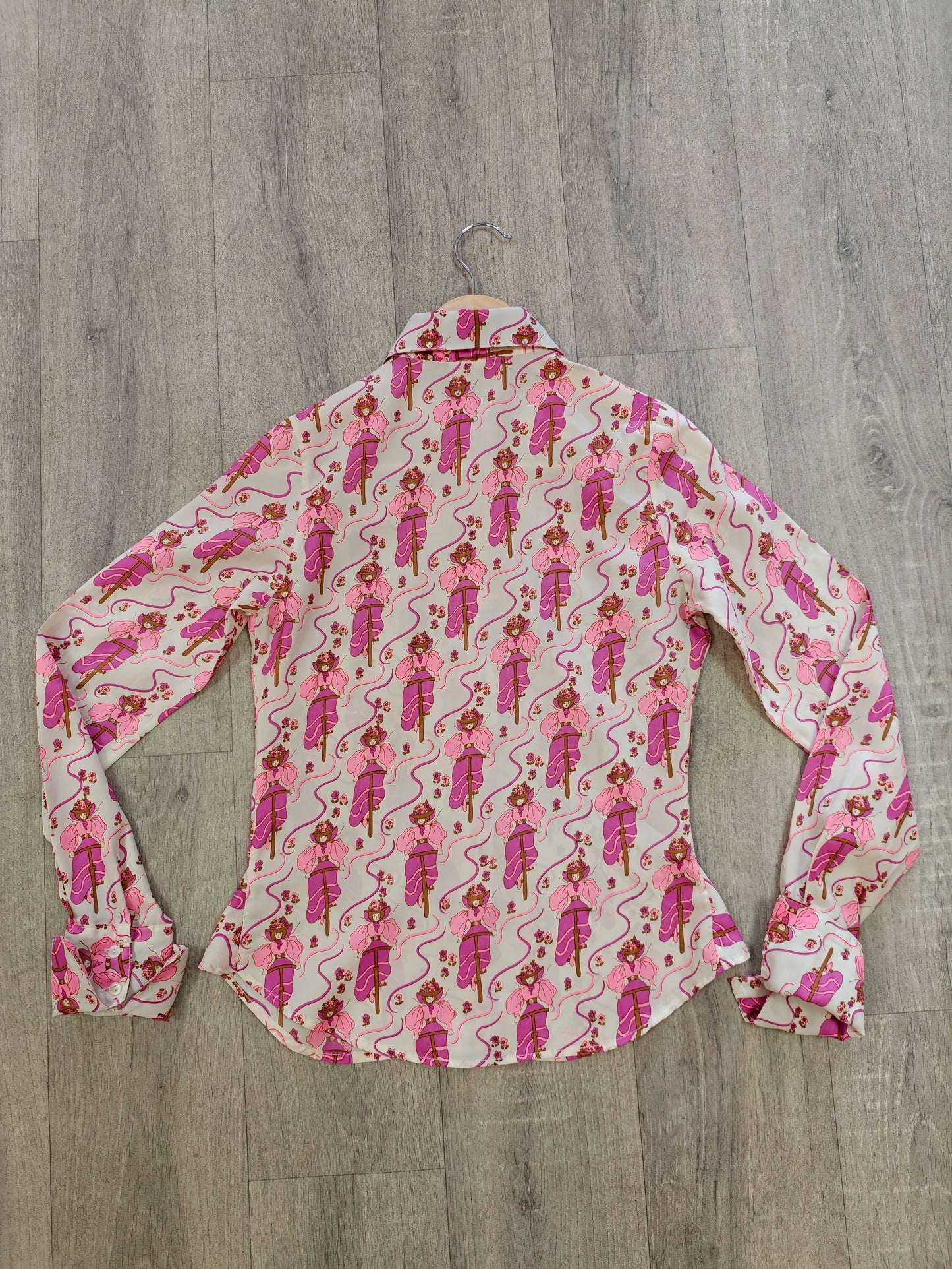 1970s novelty bicycle print pink dagger collar shirt - XS/S