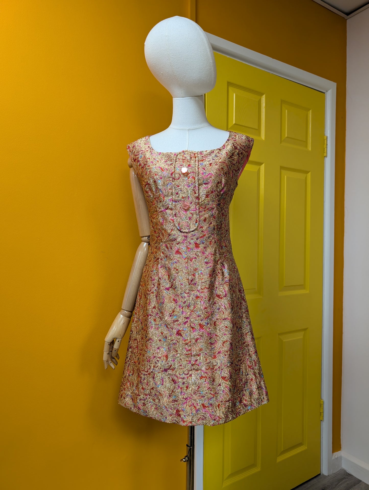 1960s Bernard Freres pink & gold sparkly dress - S/8/10