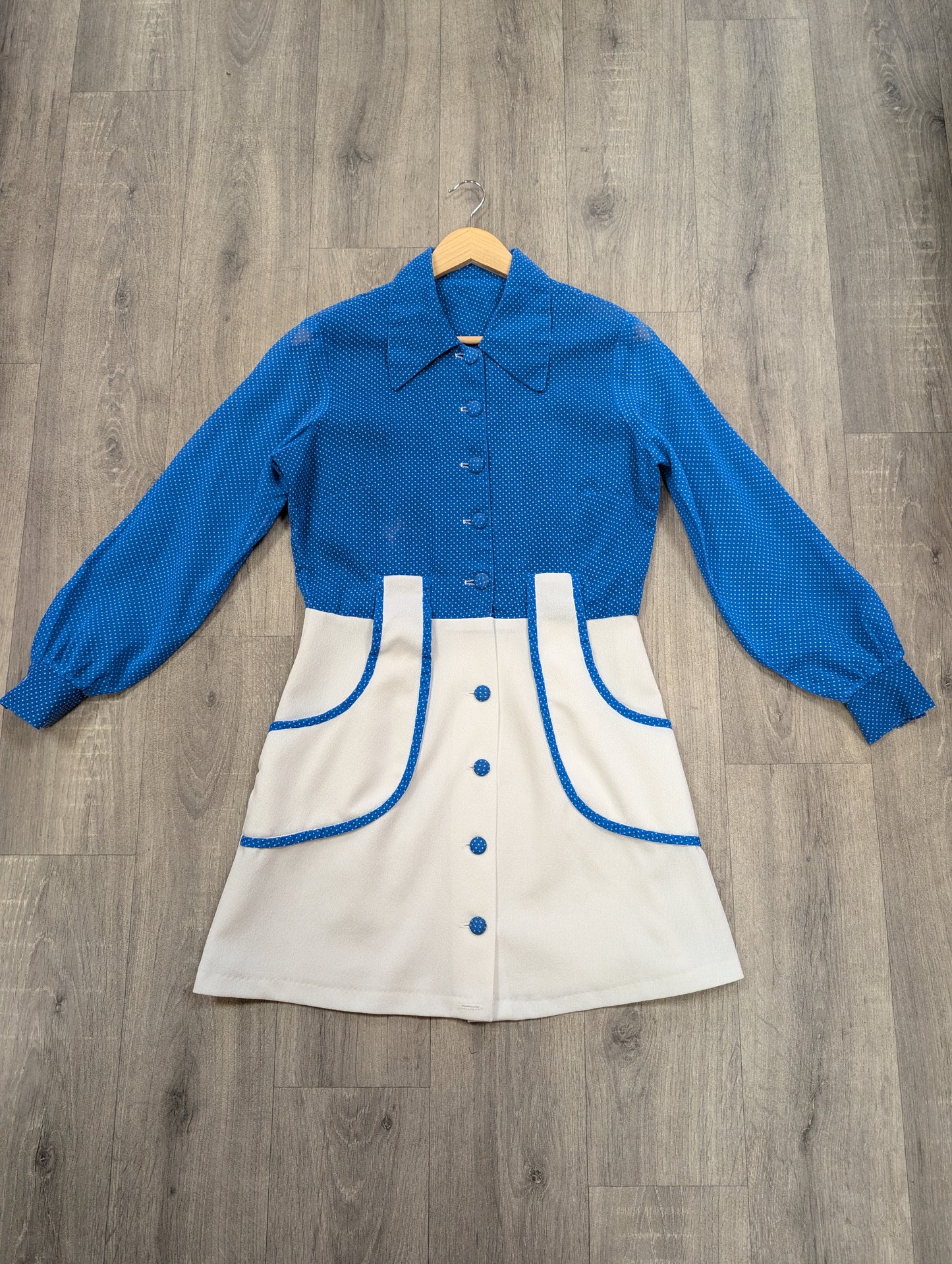 60s/70s blue & white dress - M/12