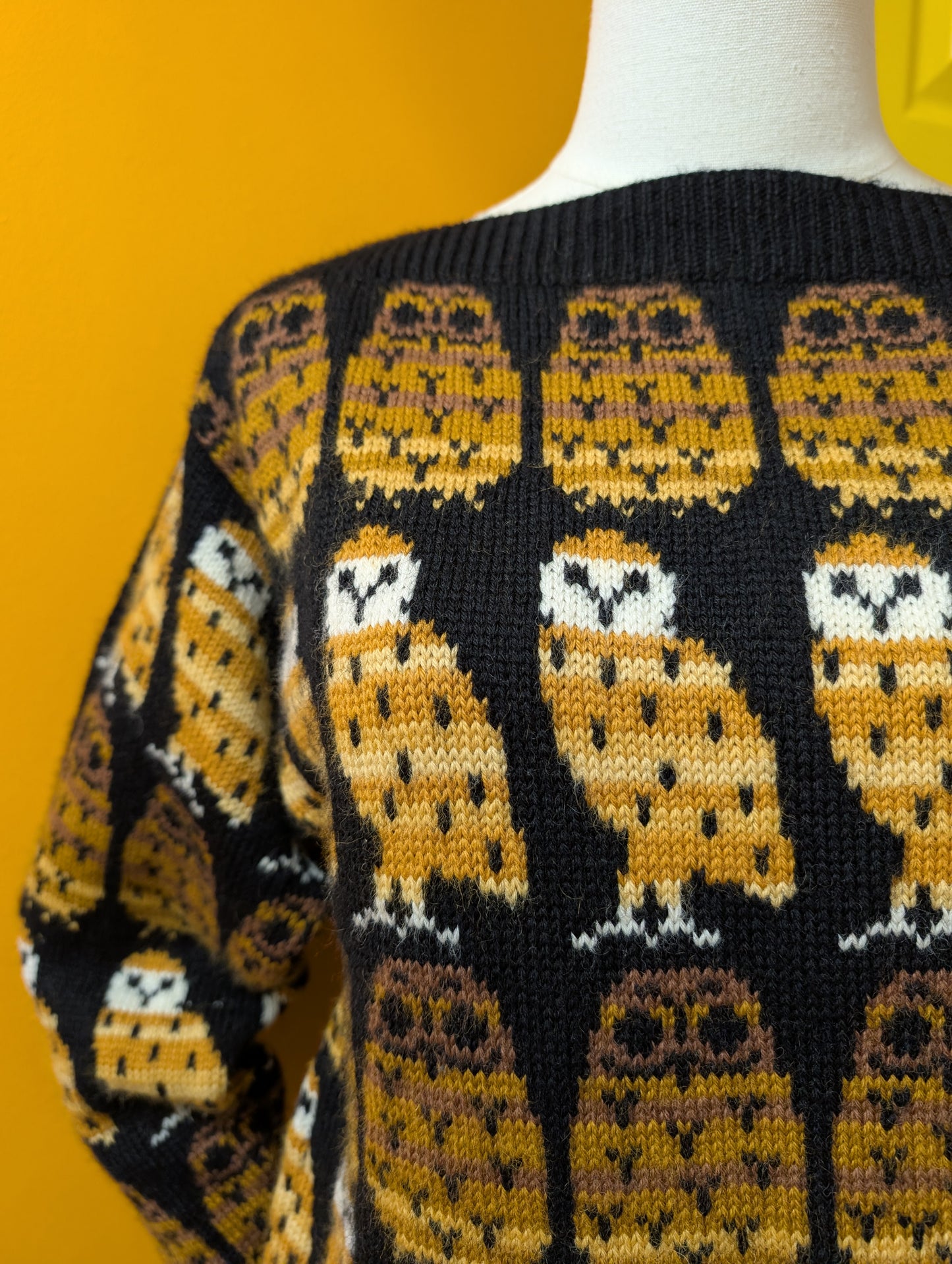 Black Sheep Designs novelty owl slash neck wool jumper - S