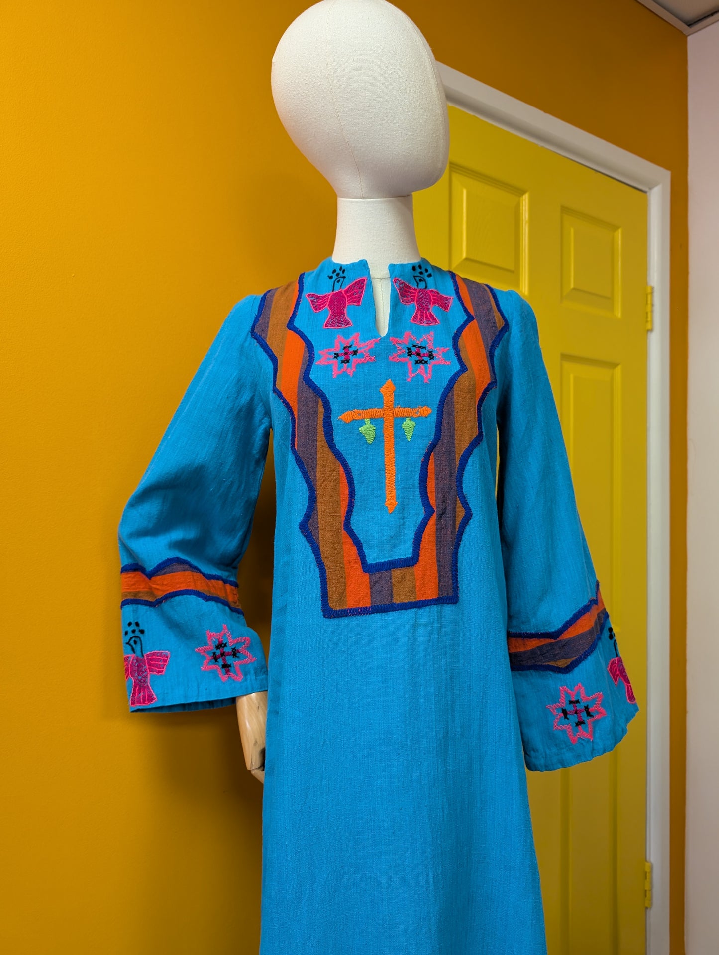 1970s Mexican embroidered cotton dress - XS