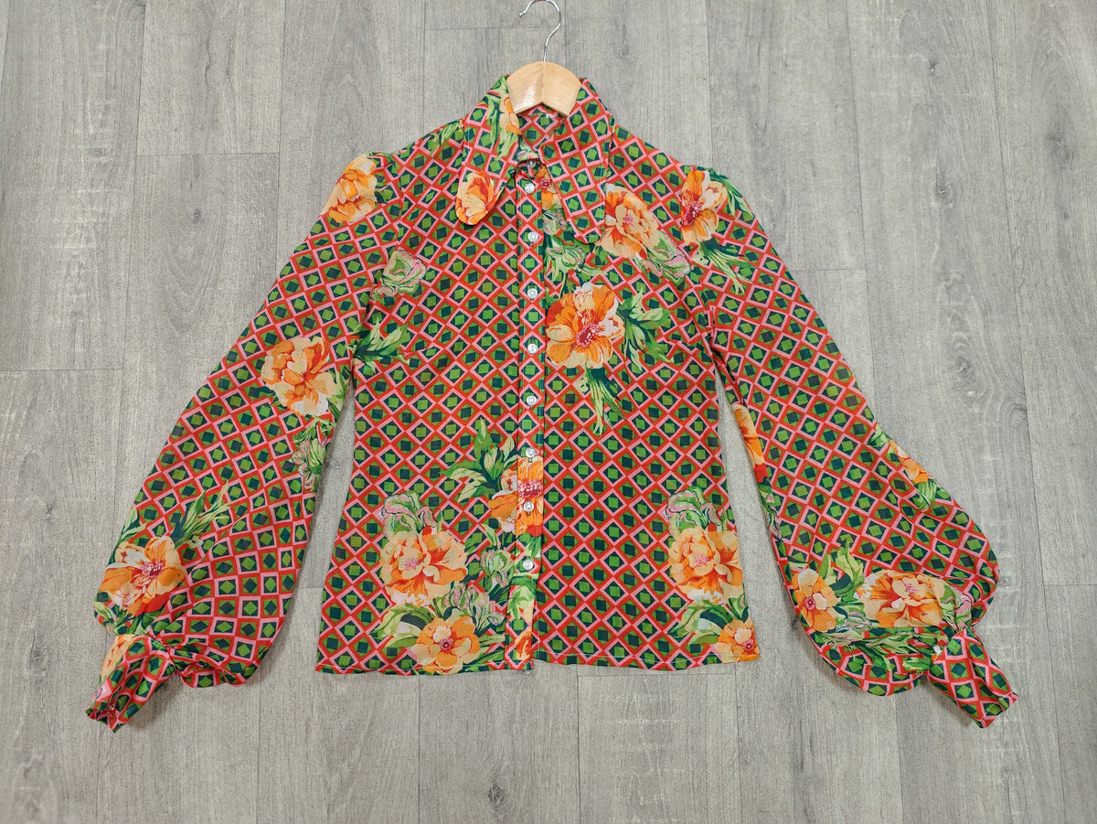 1970s balloon sleeve beagle collar shirt - XS