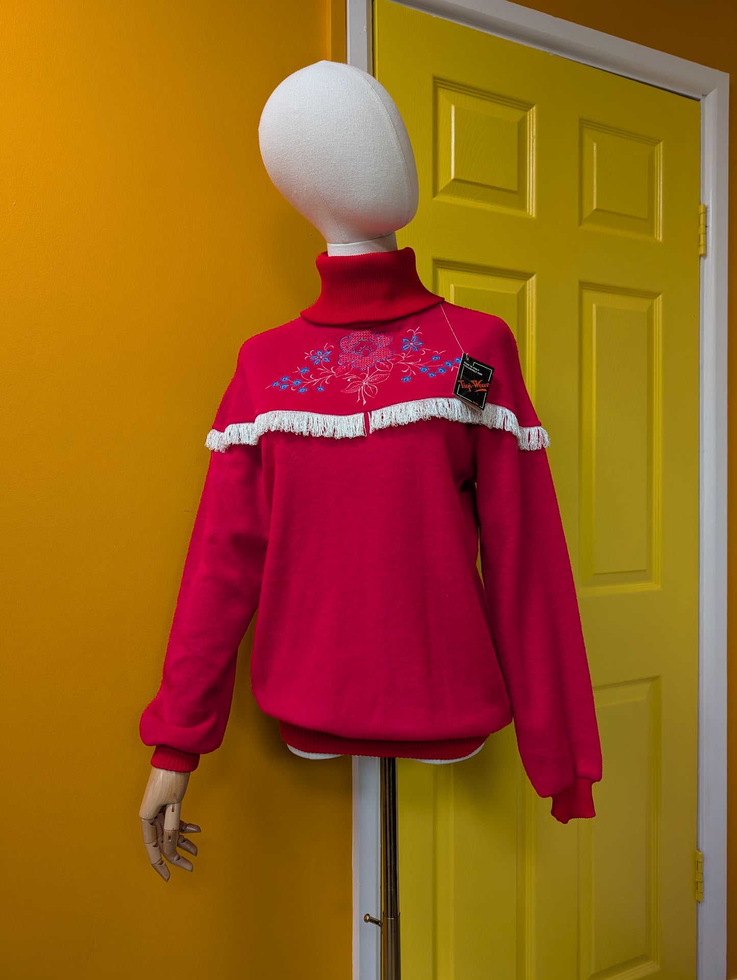 Deadstock 1980s Tigi Wear red embroidered fringed jumper - S