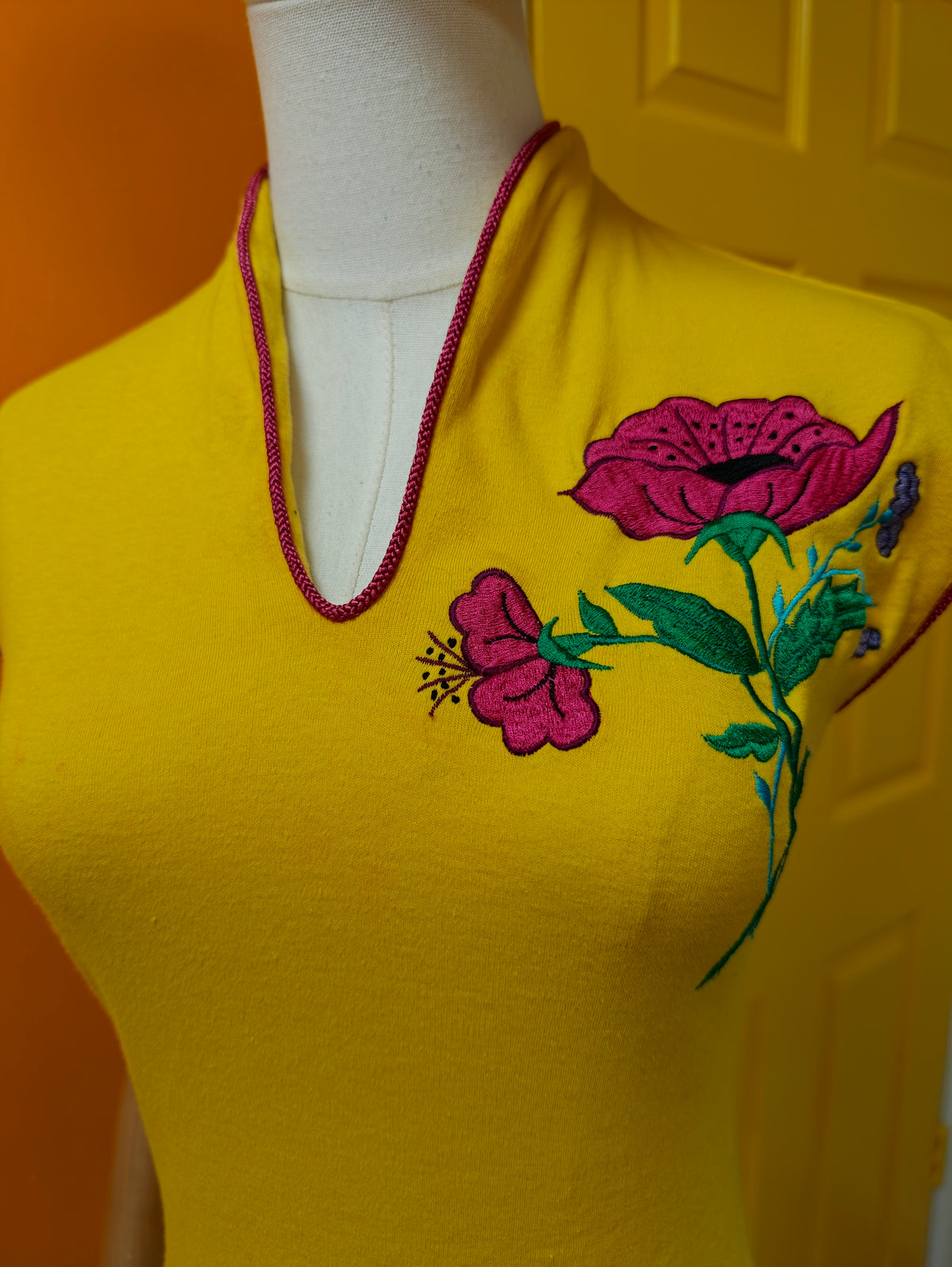 Deadstock 1970s Louis Caring yellow embroidered cotton top - XS/S