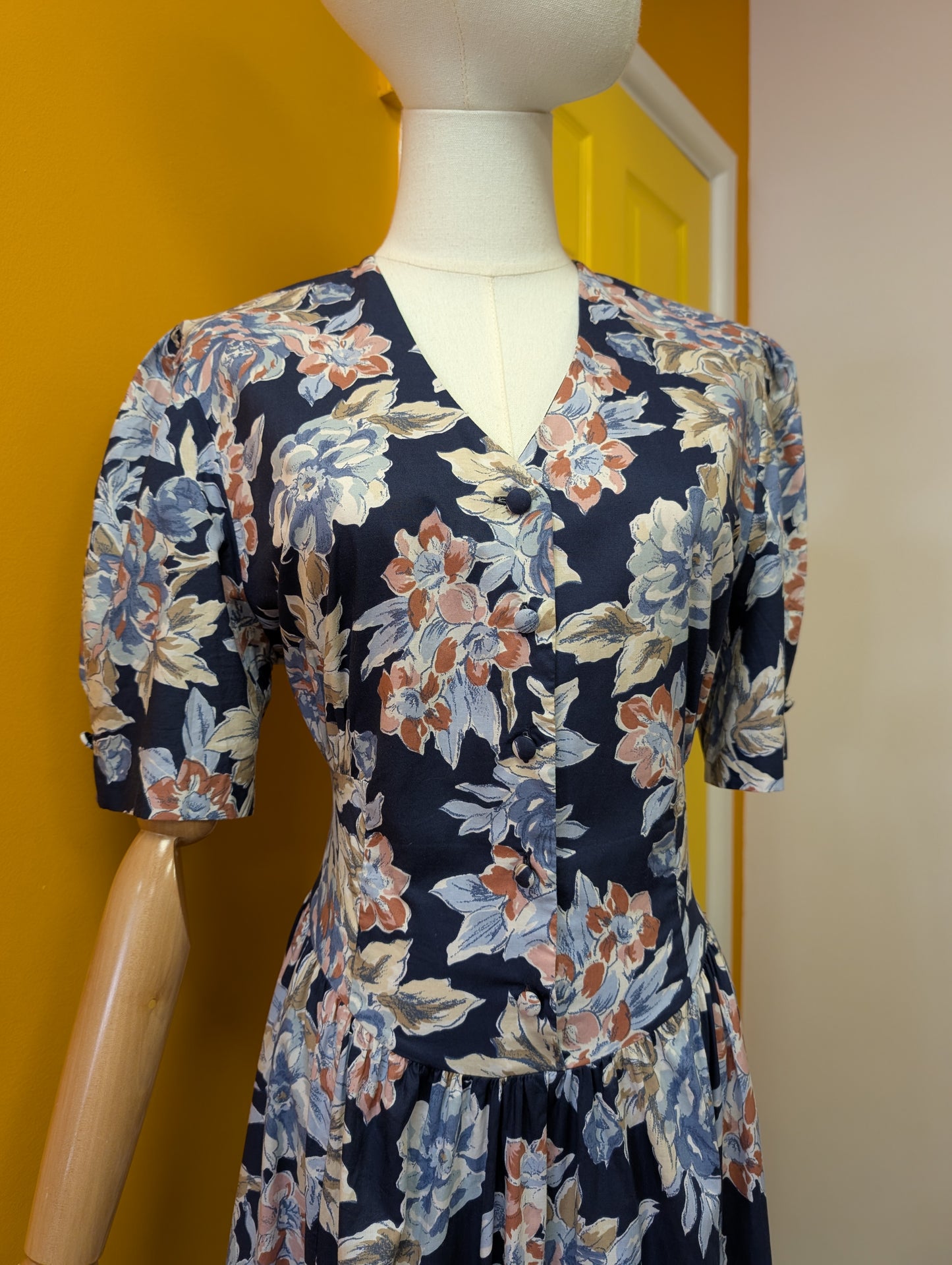 1990s Laura Ashley navy blue floral cotton dress - M/14