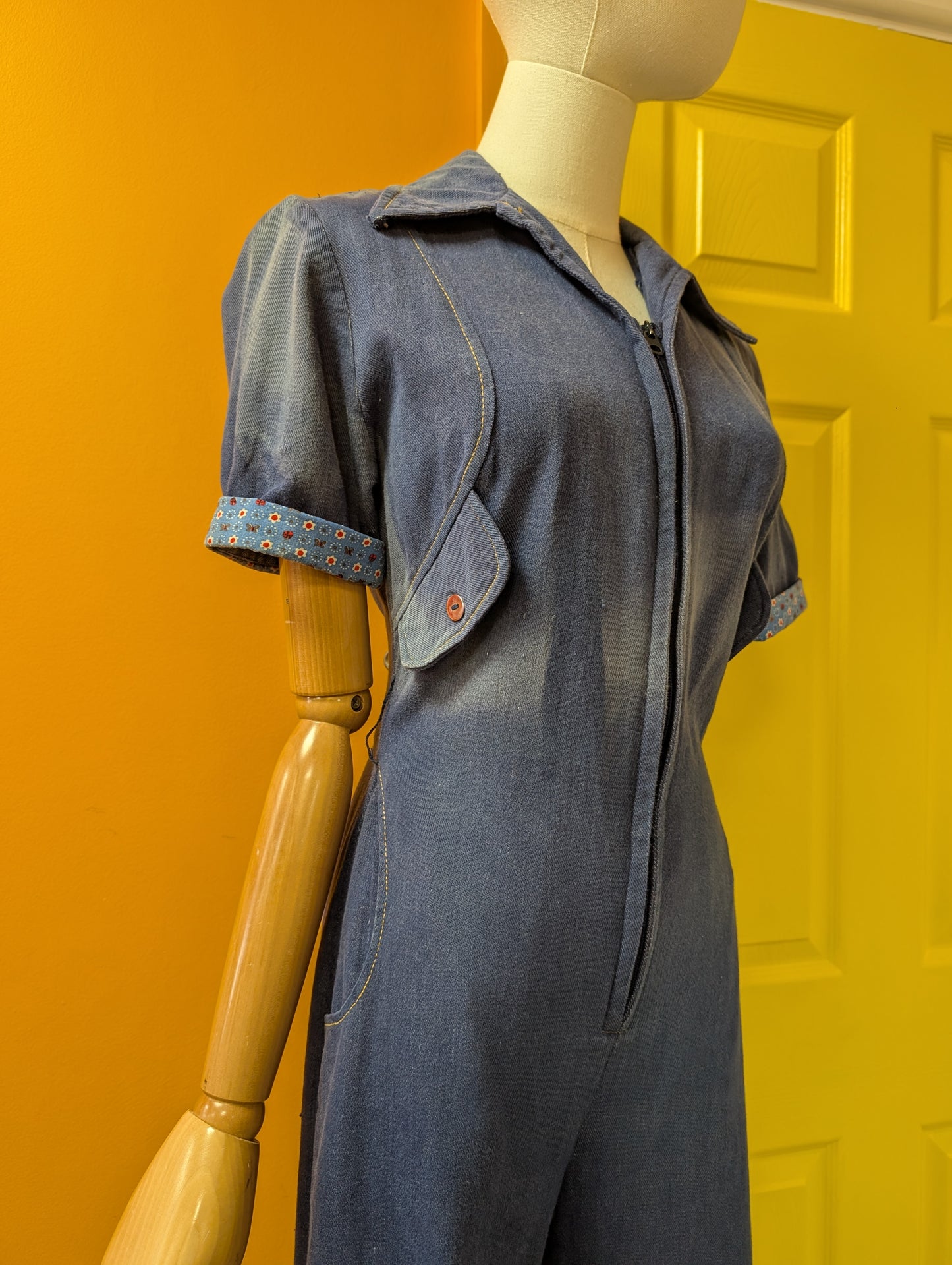 1970s Mexican denim jumpsuit with applique - S/M/10/12